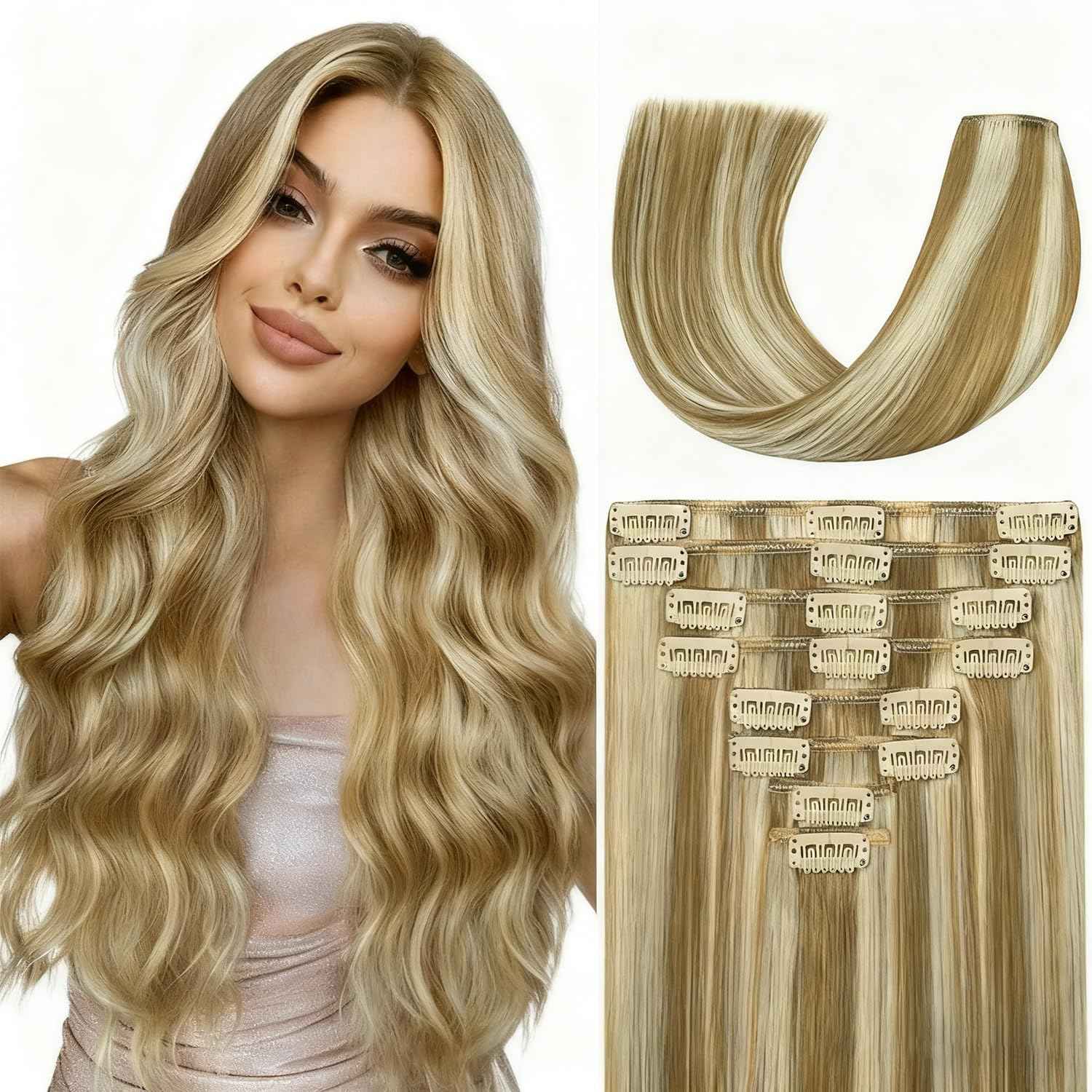ZNXDJXE Blonde Clip in Hair Extensions Real Human Hair, 14 Inch 75g Natural Human Hair, Remy Human Hair Extensions Cip ins for Women 8pcs Per Set #16/22 Light Blonde Highlighted Golden Blonde
