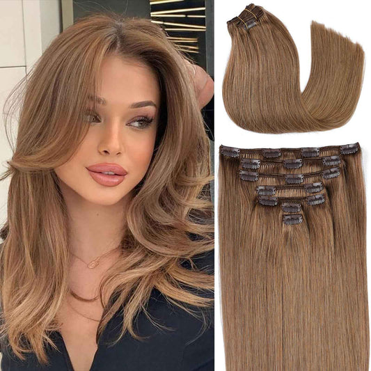 ORIGEN Clip in Hair Extensions Real Human Hair Clips ins Remy Hair Extensions for Women Full Head Medium Brown 80g 16 Clips 7 Pcs 12 Inches