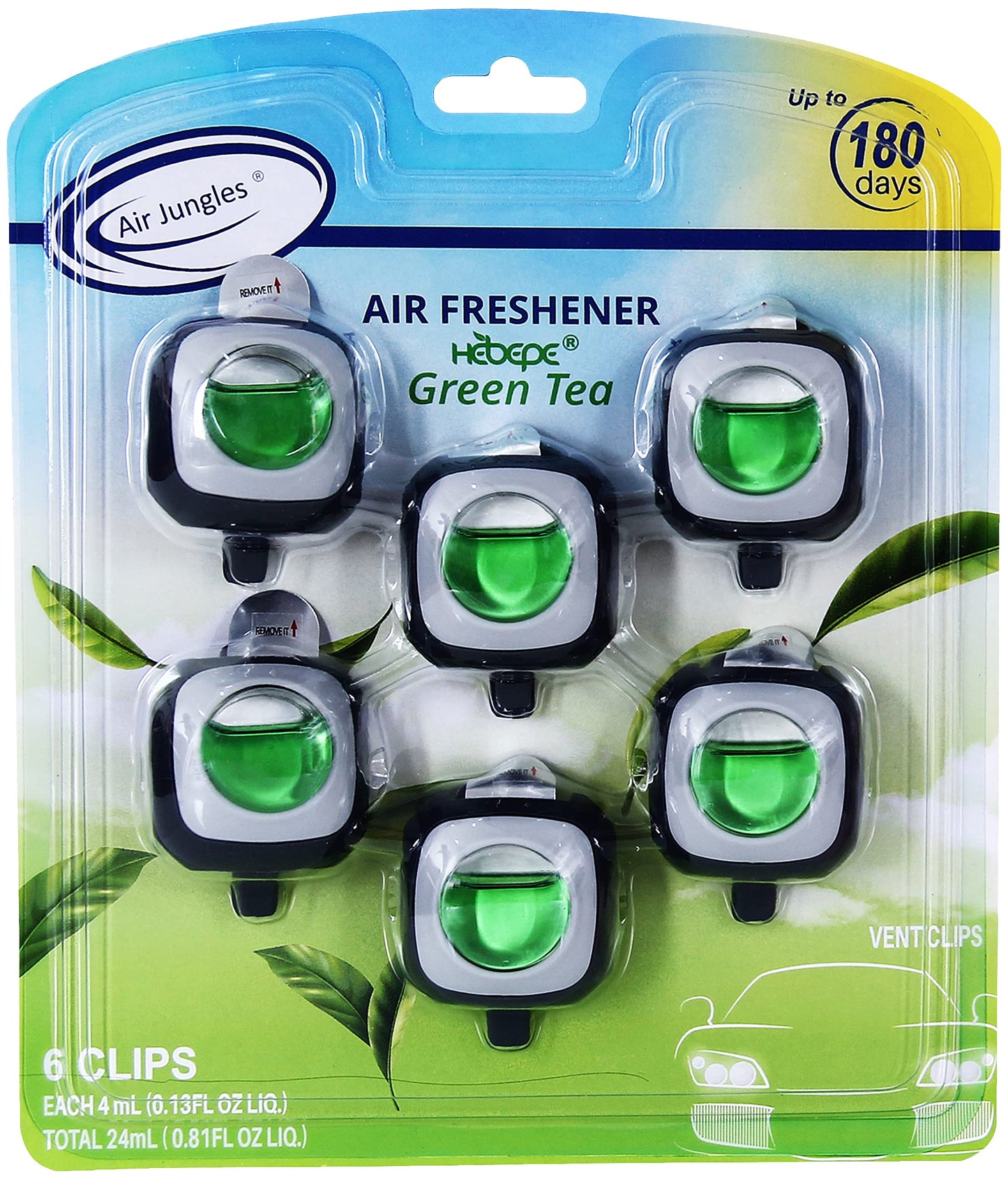 Air Jungles Green Tea Scent Car Air Freshener Clip, 6 Car Freshener Vent Clips, 4ml Each, Long Lasting Air Freshener for Car, Up to 180 Days Car Refresher Odor Eliminator