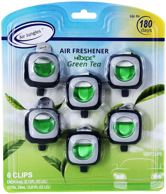 Air Jungles Green Tea Scent Car Air Freshener Clip, 6 Car Freshener Vent Clips, 4ml Each, Long Lasting Air Freshener for Car, Up to 180 Days Car Refresher Odor Eliminator