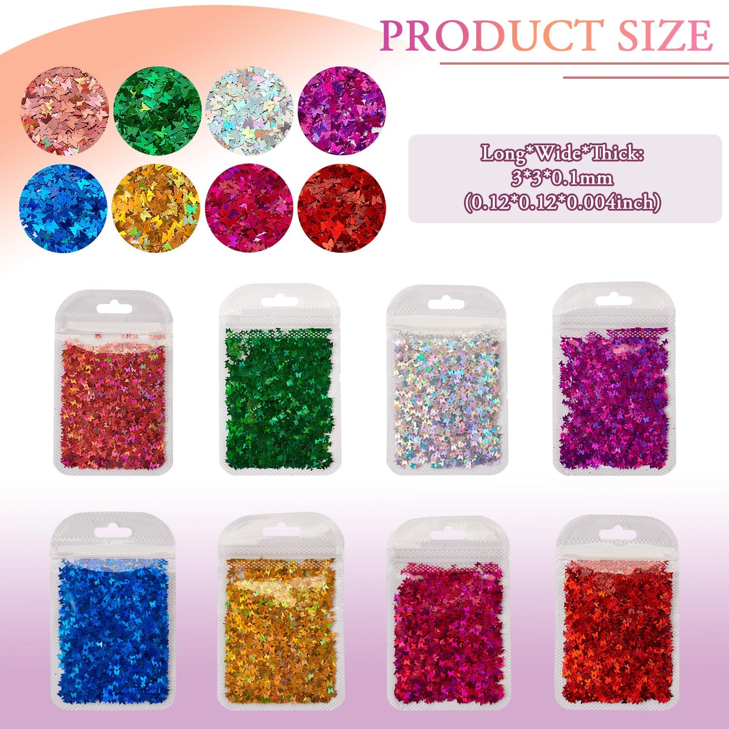 Cheriswelry 8 Bags Butterfly Nail Glitter Iridescent Nail Flakes Designs Nail Glitter Sequins Manicure Sparkle Decorations Chunky Glitter Sequins 3x3mm for Women Girls Crafts Painting Decor