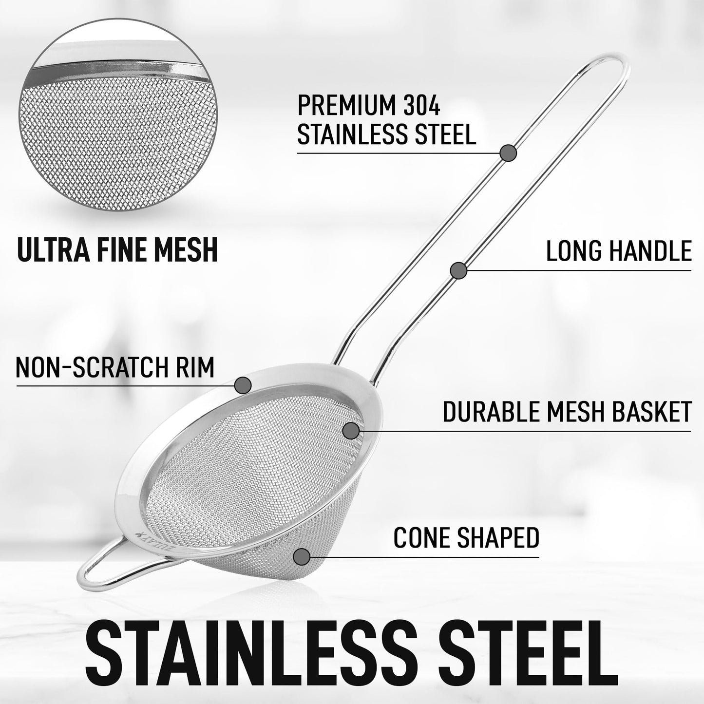 Zulay Kitchen 304 Stainless Steel Fine Mesh Strainer For Kitchen - Sieve Sifters For Food, Tea, Rice, Oil, Noodles, Fruits, Vegetables - Rust-Proof, Easy to Clean Drink Strainer (Silver)