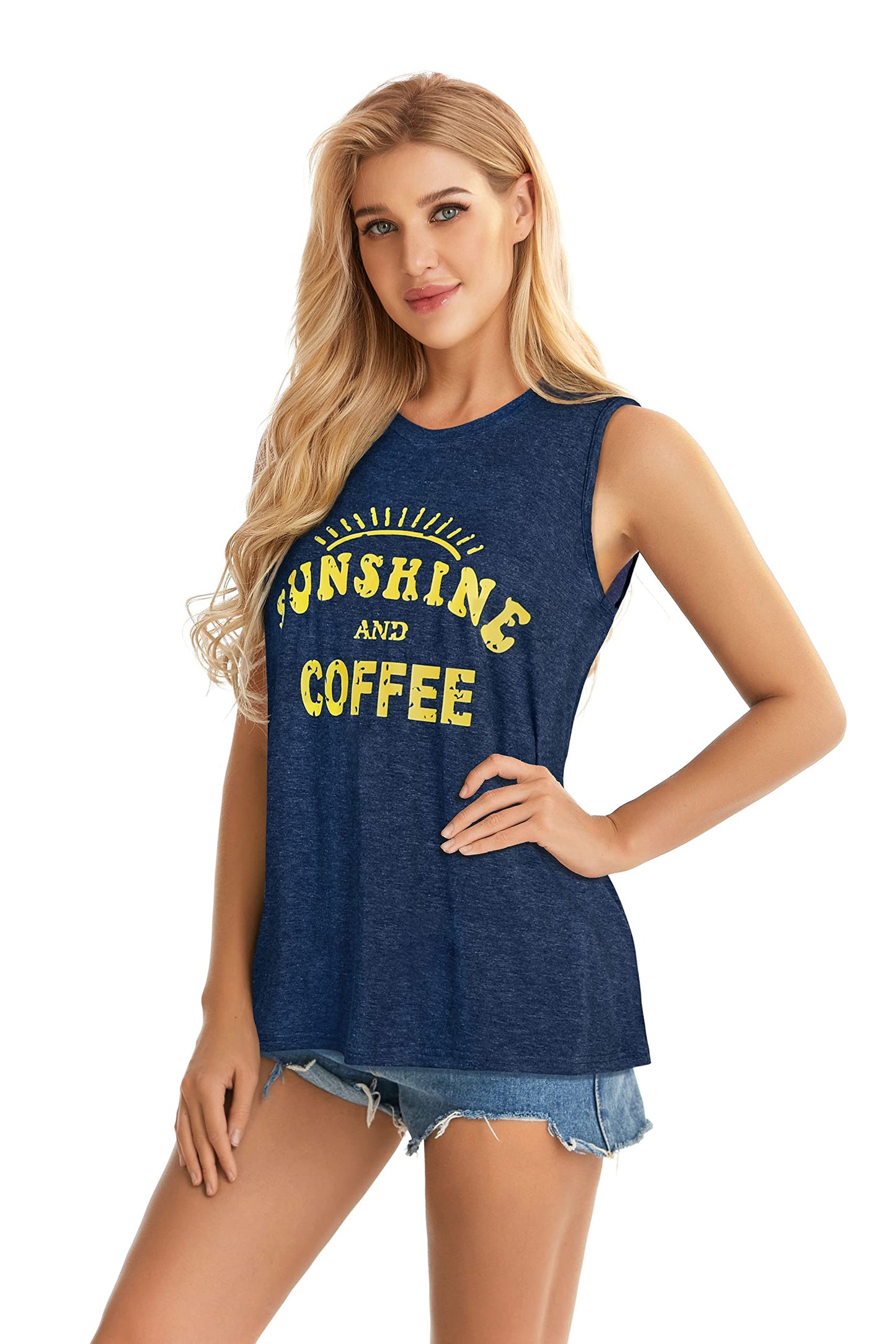 Tank Tops for Women Summer Sunshine and Coffee Graphic T-Shirts Sleeveless Casual Ladies Loose Tunic Blouse(Sunshine Deep Blue, S)