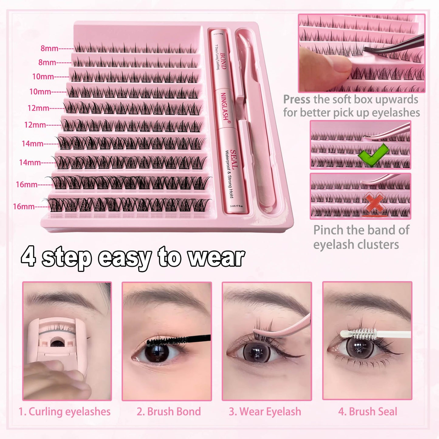 Lash Extension Kit 120 Pcs Lash Clusters with 7 Days Long Lasting Bond and Seal 8-16mm D Curl Wispy Eyelash Extension Kit at Home Lash Tweezers for Lash Clusters