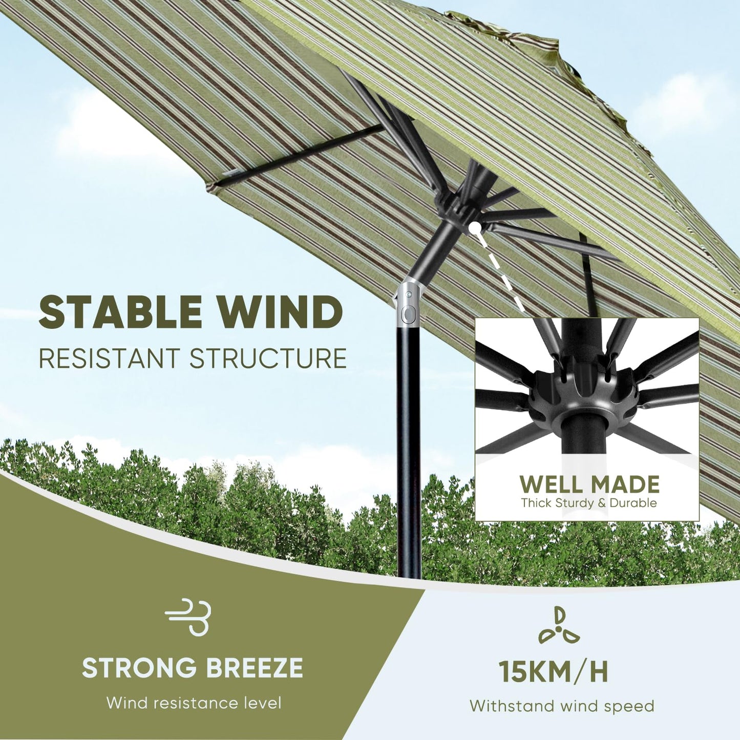 Tempera 9ft Patio Market Outdoor Table Umbrella with Push Button Tilt and Crank,Large Sun Umbrella with Sturdy Pole&Fade resistant canopy,Easy to set, Grass Stripe