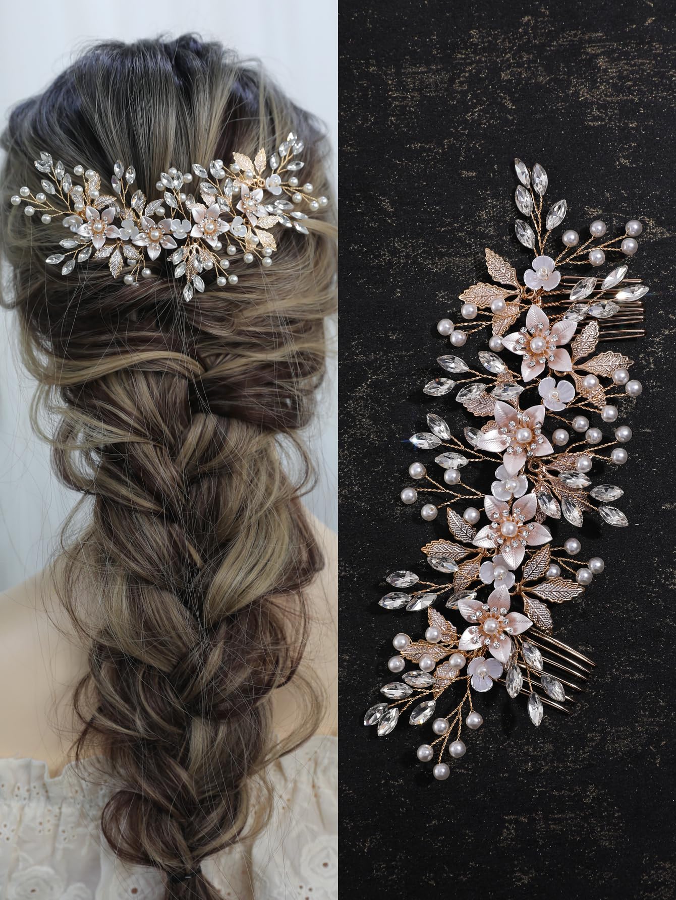 Flower Bridal Hair Combs Pearl Crystal Bride Wedding Hair Accessories Rhinestone Hair Piece Headpieces for Bride Bridesmaid Wedding Women and Girls (S8652 Gold)