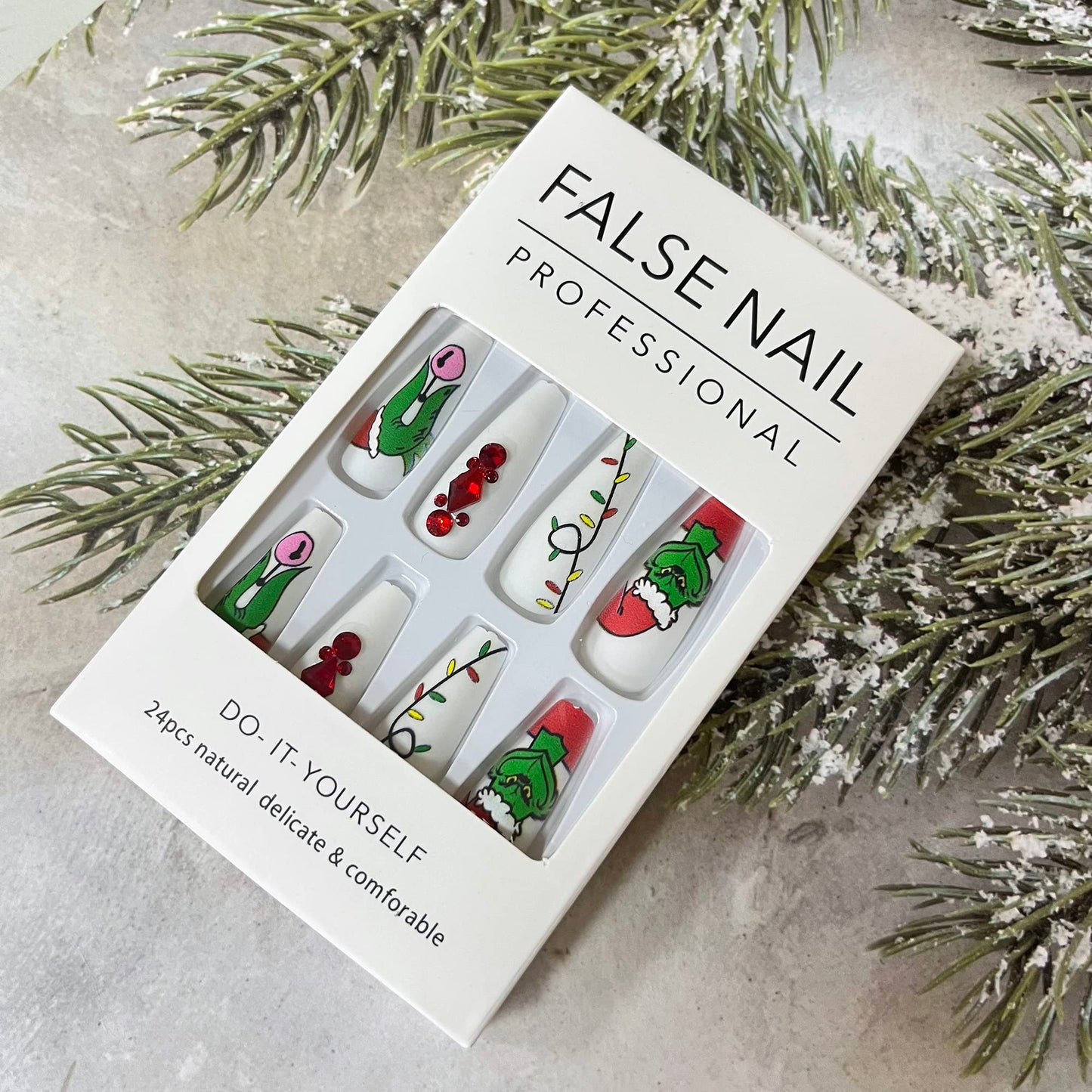 Christmas Press on Nails Long Coffin Fake Nails Green Fur Monster Design Full Cover Acrylic False Nails with Design Rhinestone Artificial Nails Winter Christmas Glue on Nails Nail Decorations