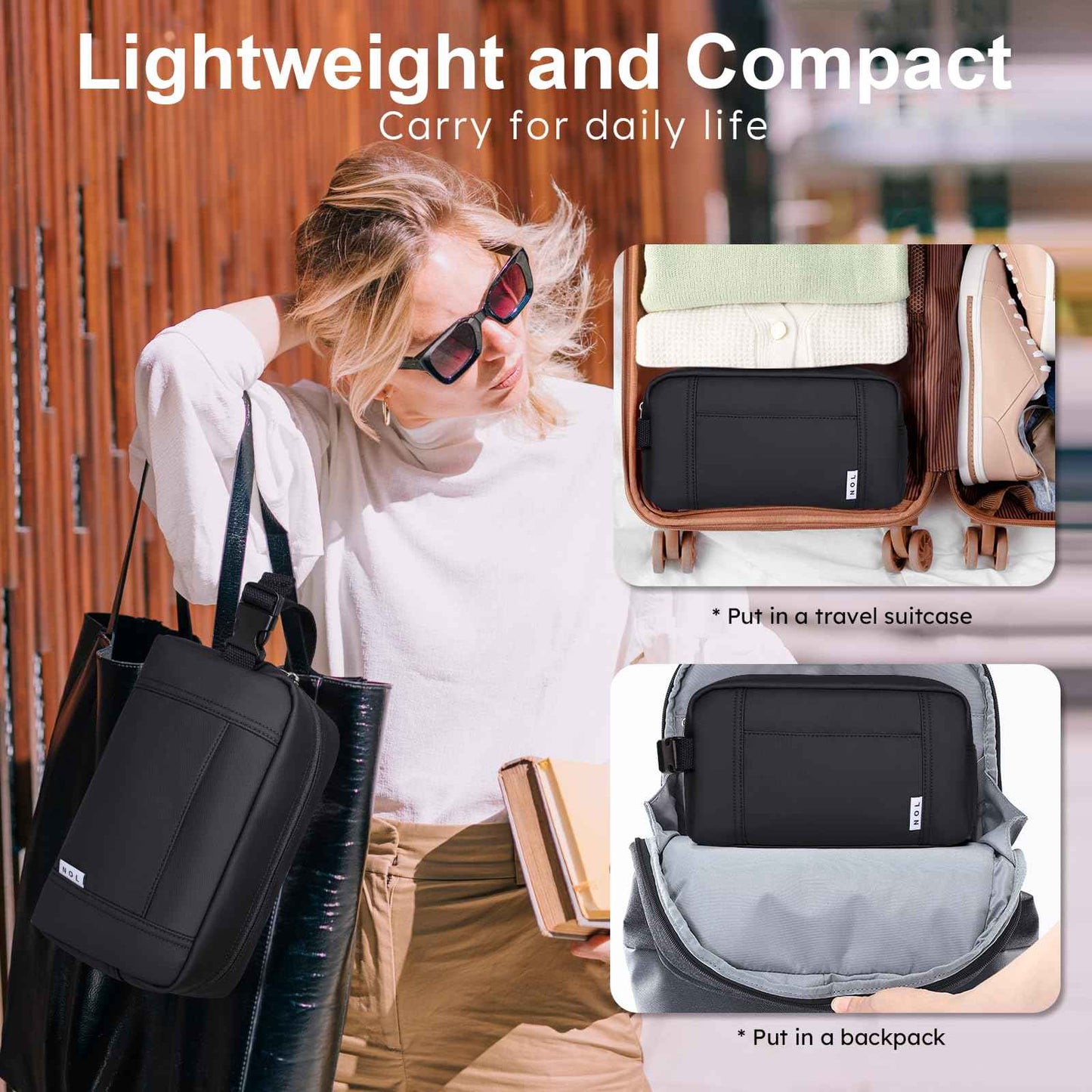 NOL Natural Organic Lifestyle Nylon Makeup Bag Lightweight Travel Toiletry Bag for Adults, Reusable, Zip Closure with Buckle Handle, Snack Bag, Travel Cosmetic Bag, Black