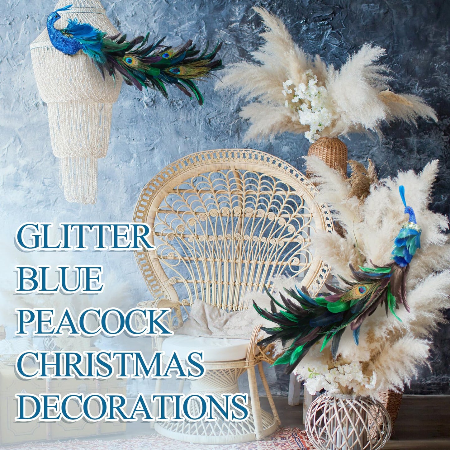 2 Pcs Peacock Christmas Tree Ornaments Long Tail Feather Peacock Christmas Decorations Glitter Peacock Bird Clip On Ornament for Xmas Tree Decor (Trendy Style)