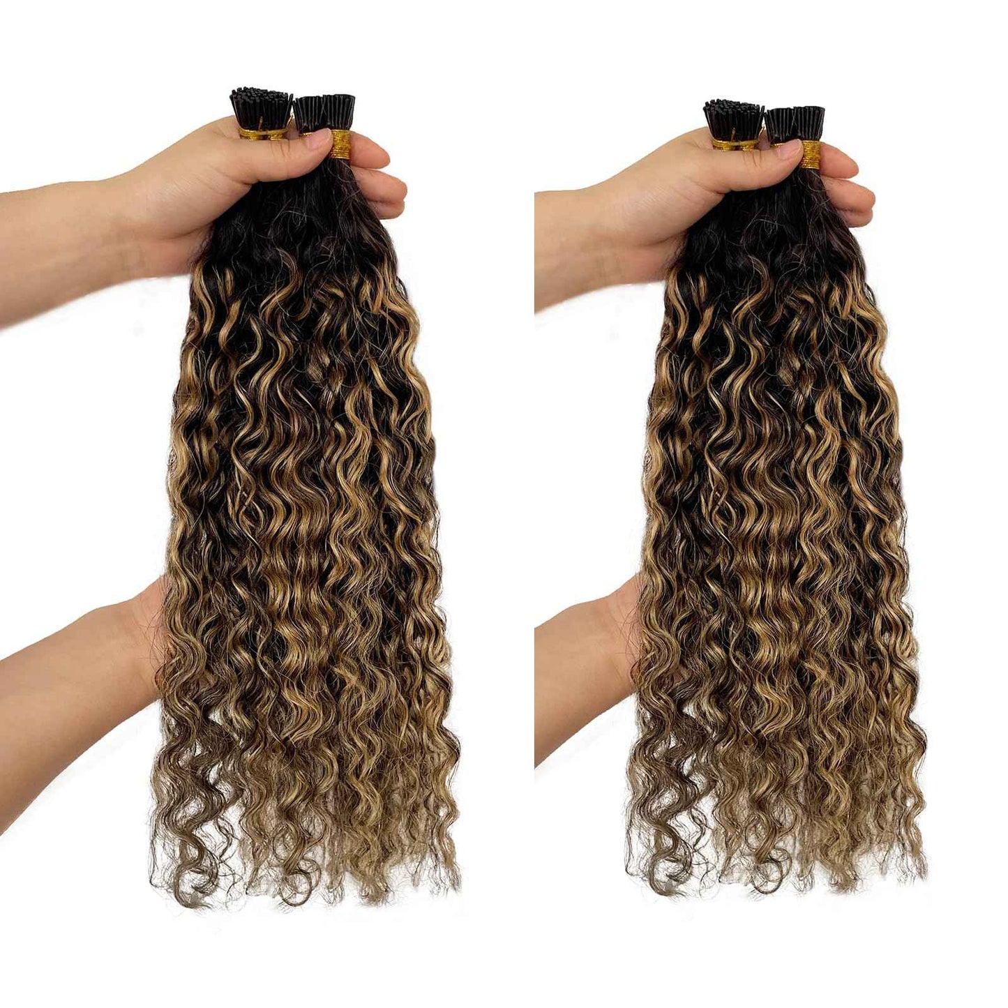 I Tip Hair Extensions Human Hair, Ombre Itip Human Hair Extension 100s Water Wave Natural Black Ombre Caramel Brown I Tip Hair Extensions Real Human Hair for Short Hair 50g 16"