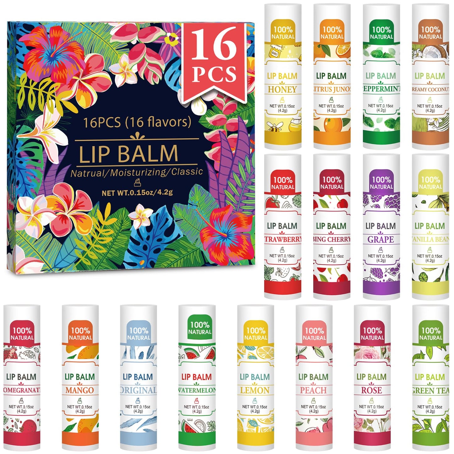 16 Pack Lip Balm, 100% Natural Lip Balm Bulk with Vitamin E and Coconut Oil, Moisturizing Lip Balm for Dry Lips - 16 Flavors