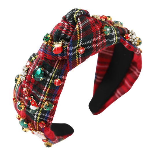 Gmmidea Christmas Crystal Knotted Headbands for Women Colorful Rhinestone Jeweled Headband Twist Wide Beaded Embellished Headband Sparkly Knot Party Festival Hair Band Red Plaid