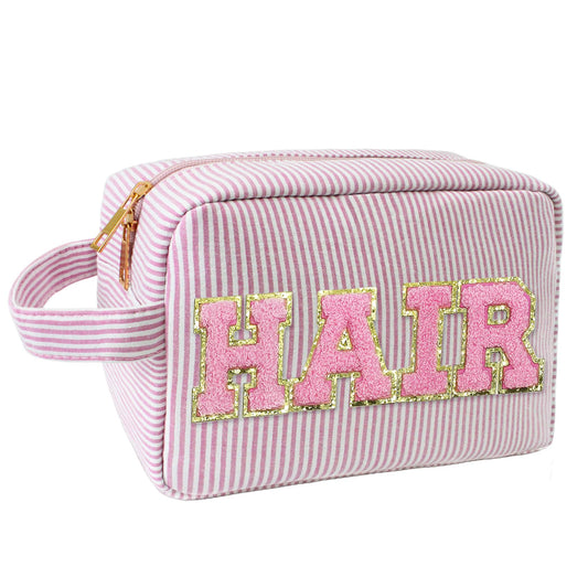 COSHAYSOO Preppy Makeup Bag with Chenille Letter Patch Large Pink Striped Seersucker Cosmetic Pouch for Teen Girl Women, Cute Travel Accessories Organizer Trendy Stuff Make Up Purse Gift (HAIR)