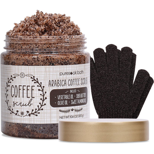 Puresoak Bath Arabica Coffee Body Scrub Set Gift Spa Scrub for Exfoliate & Moisturize Body Skin Face, Hand, Foot Scrub Set Gifts For Women & Men Spa Bath Set-10.6OZ Coffee Scrub & Free Scrub Gloves