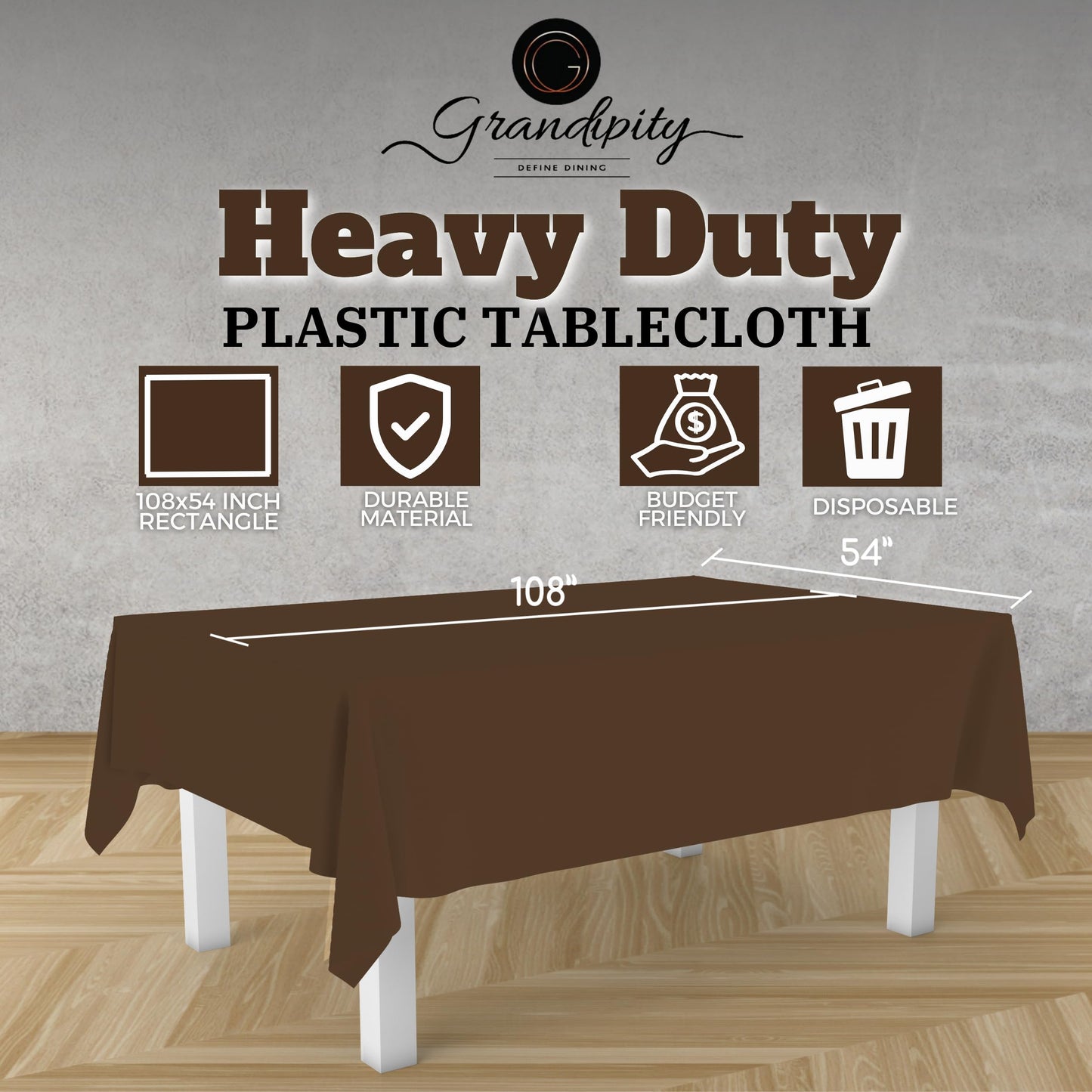 Grandipity Brown 12 Pack Premium Disposable Plastic Tablecloth 54 Inch. x 108 Inch. Decorative Rectangle Table Cover