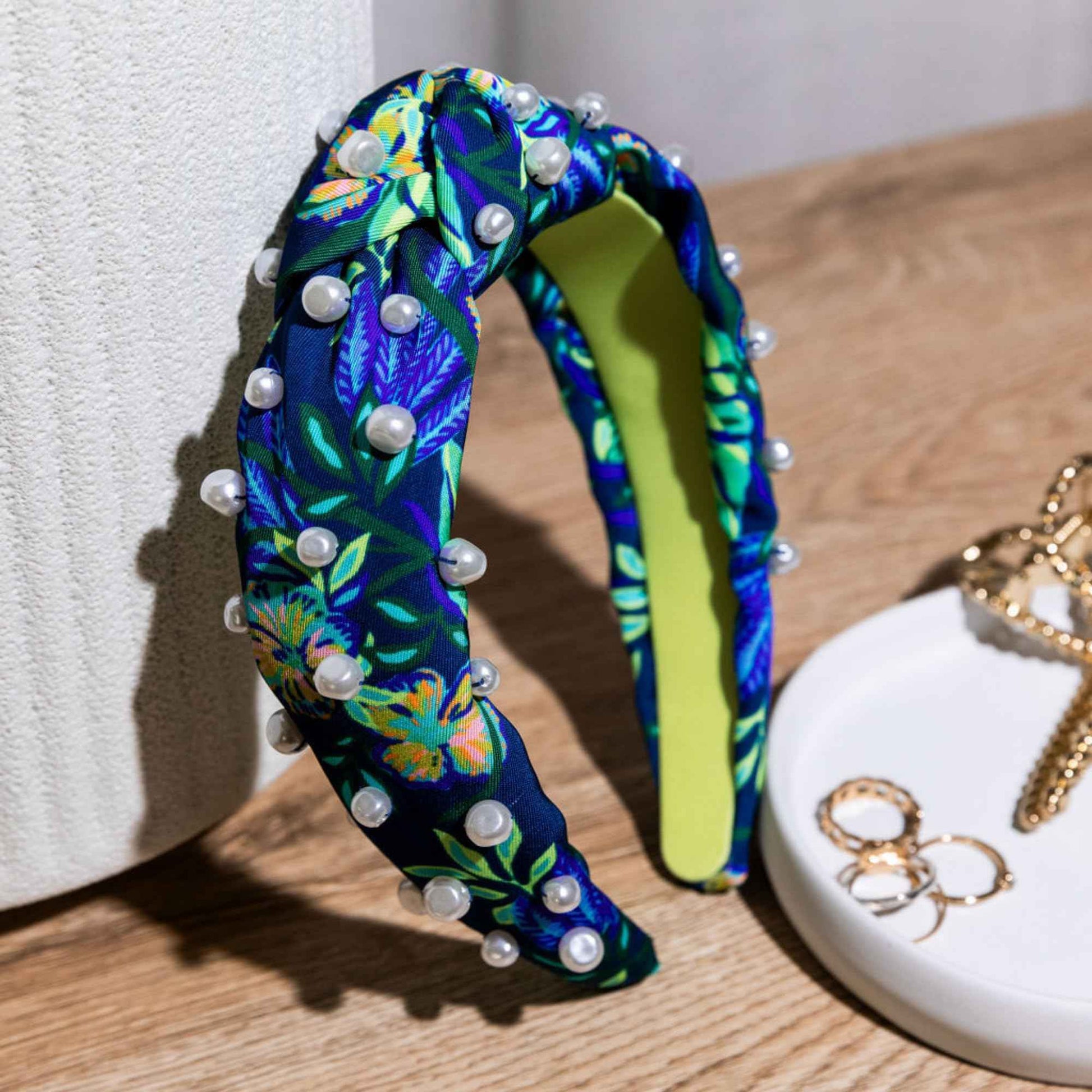 Lilly Pulitzer Colorful Knotted Pearl Headband, Wide Headband, Cute Pearl Embellished Hair Accessories for Women & Girls (The Hottest Spot Navy)