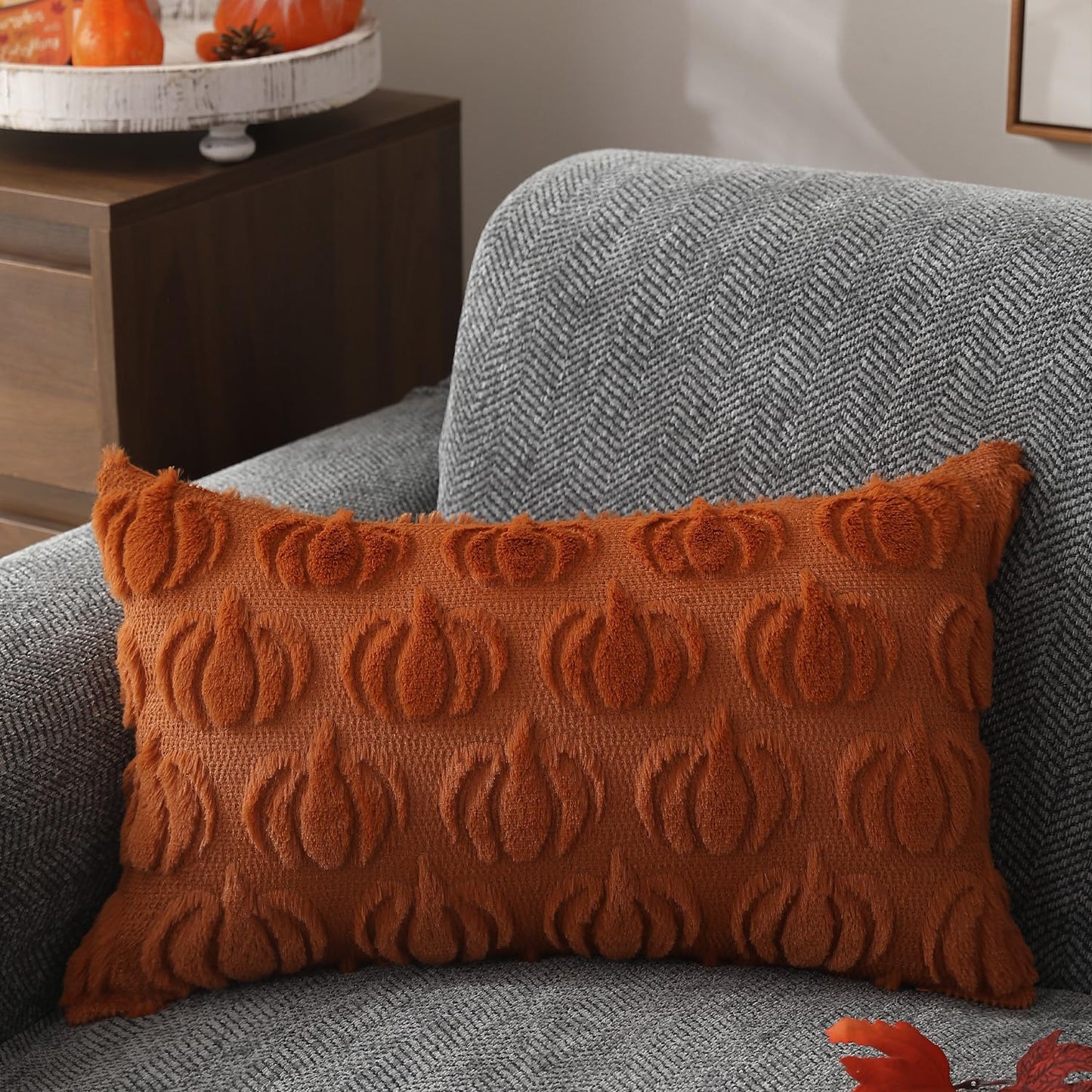 DFXSZ Fall Pillow Covers 12x20 Set of 2 Fall Decorations Autumn Rust Pumpkin Throw Pillow Cases Soft Plush Faux Fur Wool Couch Cushion Case for Chair Sofa Bedroom Living Room Home Decor PTK02A12