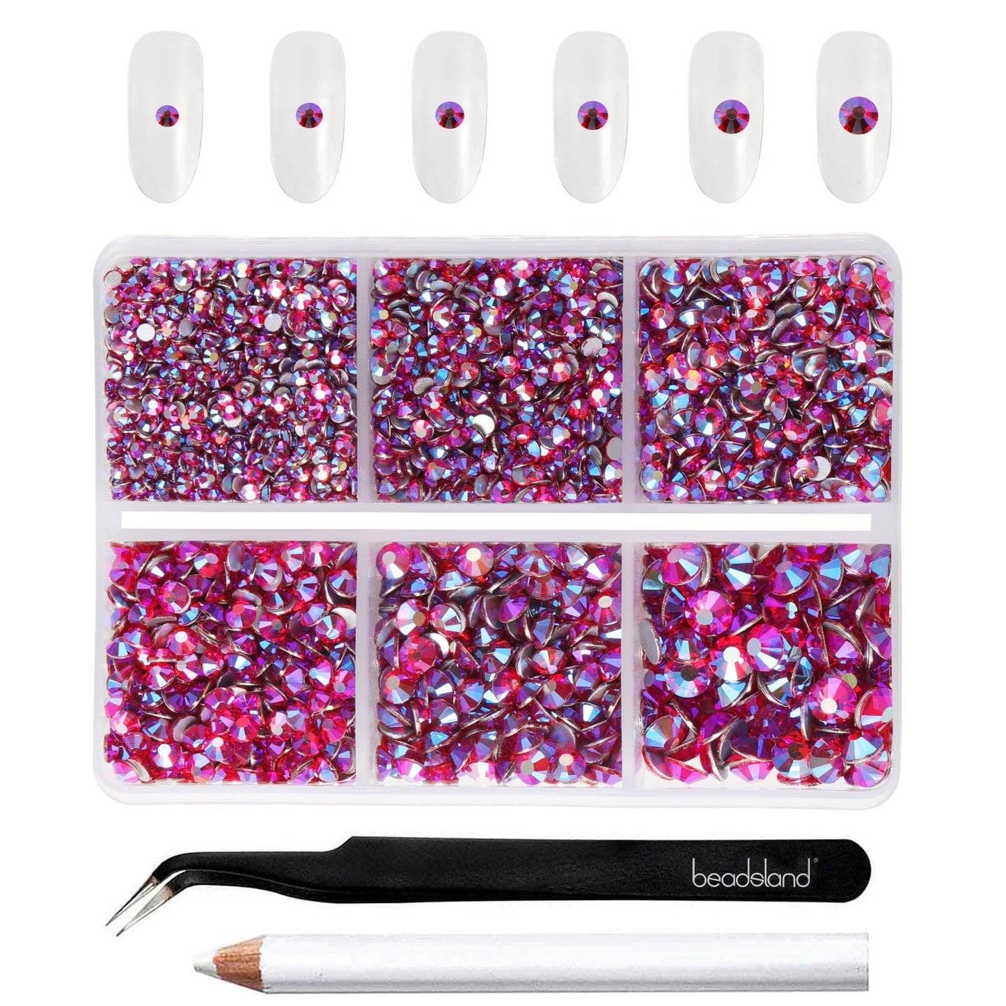 Beadsland 4300pcs Flatback Rhinestones, Red AB Rhinestones Nail Gems Round Crystal Rhinestones for Crafts,Mixed 6 Sizes with Picking Tweezers and Wax Pencil Kit, SS6-SS20, Siam AB