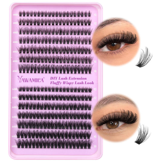 Yawamica Fluffy Eyelash Clusters Lash Extension 40D+60D Volume Individual Lashes Wispy 280pcs Lash Clusters Eyelash Extensions 10-18mm D Curl Cluster Lashes DIY Eye Lash at Home