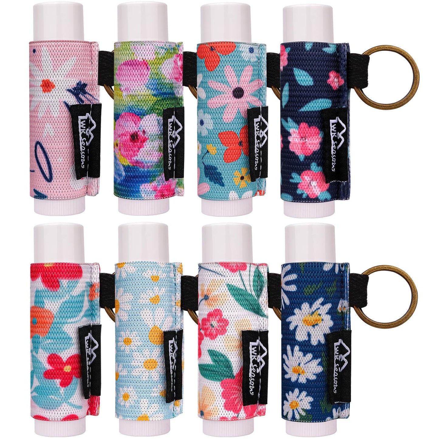 WK IEASON 8PCS Lip Balm Holder Keychain Bulk Chapstick Holder Key chain Lip Gloss Sleeve Holder -Elastic Holder Sleeve for Fat and Slim Lip Balms&Gloss and Lip Sticker(8pcs Floral C)