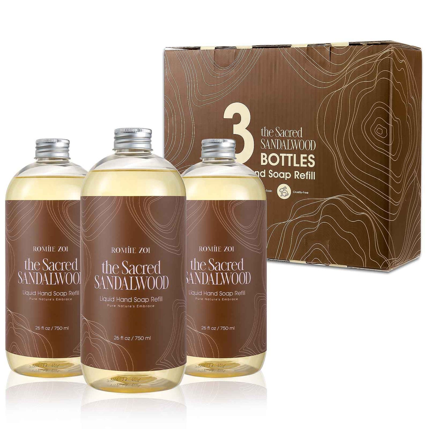ROMIIE ZOI Liquid Hand Soap Refill Gift Set-3 Pack, Cruelty-Free and Biodegradable Formula, Moisturizing Hand Wash with Essential Oil for Sensitive Skin, Sandalwood Scent (26Fl Oz x 3)