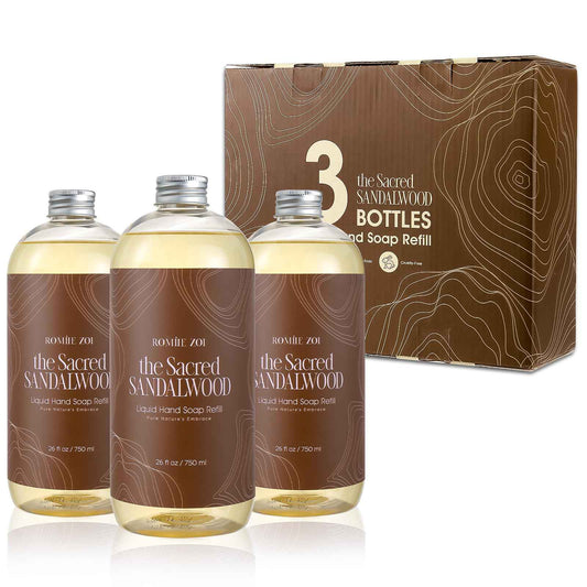 ROMIIE ZOI Liquid Hand Soap Refill Gift Set-3 Pack, Cruelty-Free and Biodegradable Formula, Moisturizing Hand Wash with Essential Oil for Sensitive Skin, Sandalwood Scent (26Fl Oz x 3)