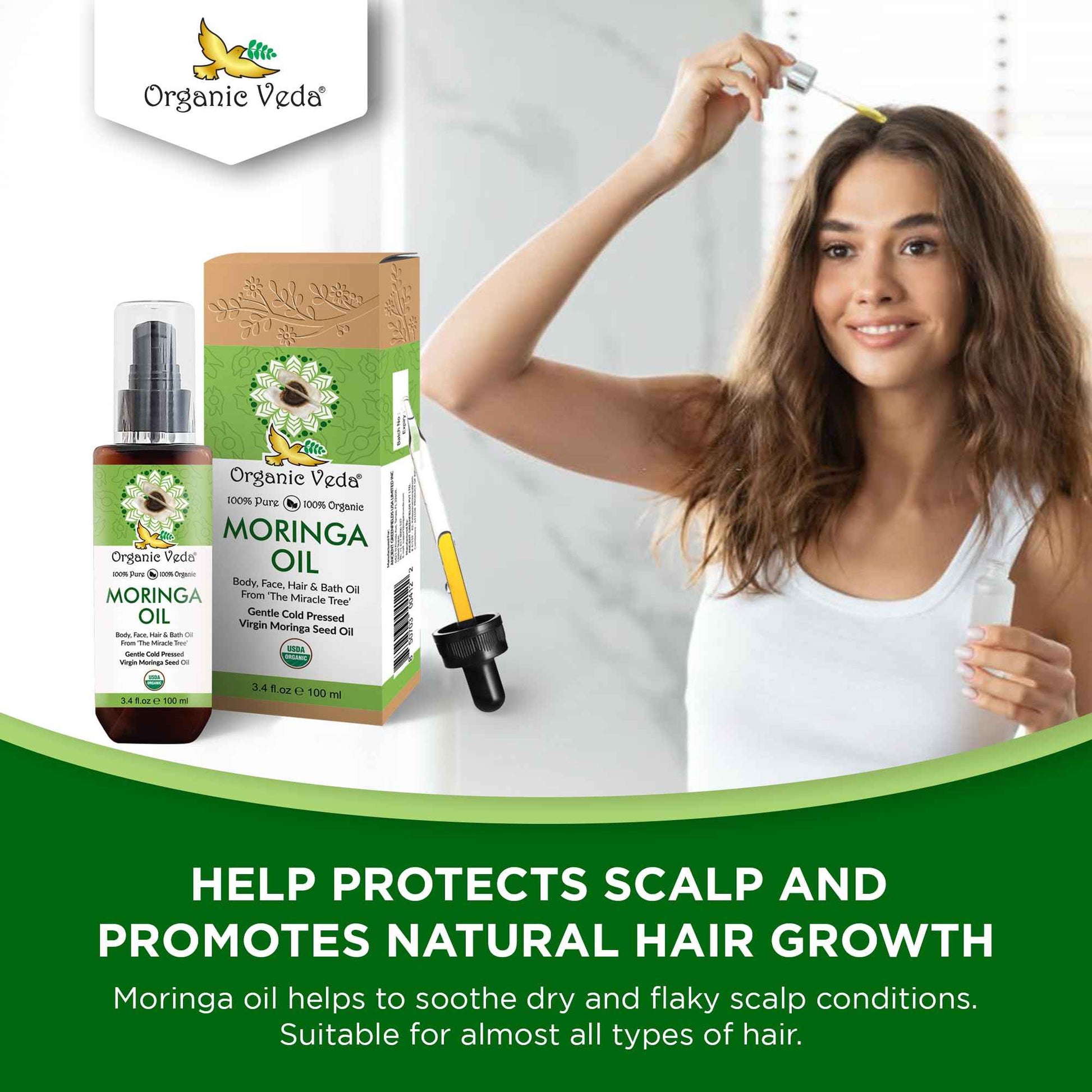 Organic Veda Moringa Oil Virgin 100% Pure & USDA Organic - Multi Purpose, Face, Hair & Skin, Nails, Fast Absorbing, Moisturizing & Beautifying - The Miracle Tree Moringa Oleifera Seed Oil, 3.4 fl.oz