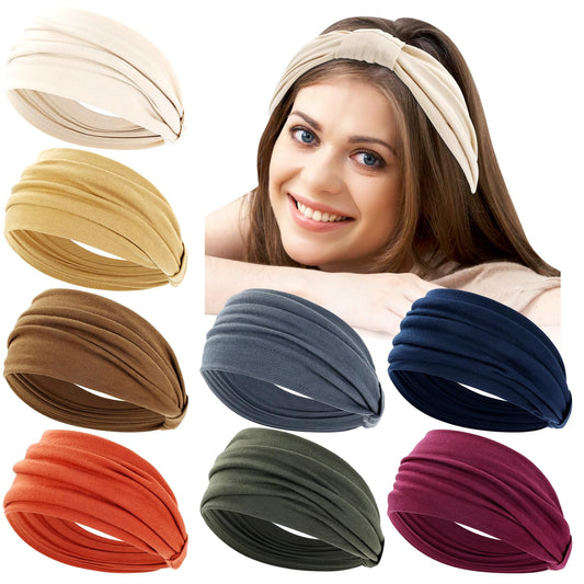 Dizila 8 Pieces Solid Soft Stretchy Boho Wide Headbands Running Yoga Gym Sports Turban Headwraps Hair Bands Accessories for Women Girls