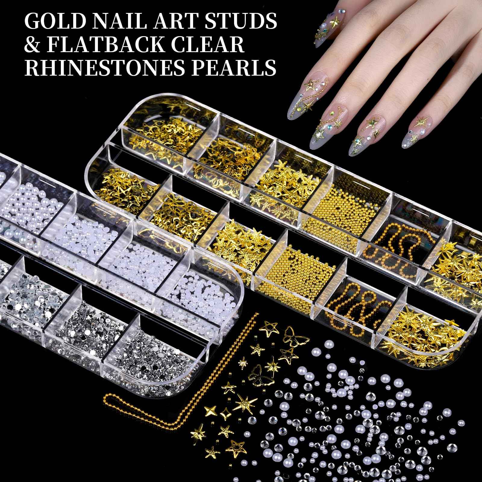 FANDAMEI Nail Charms, 8-Box Nail Charms and Gems, Fruit Bow Hawaii Flowers Petals 3D Nail Art Charms Bulk, Charms Y2K for Nails, Colorful Bubble Beads Nail Rhinestones, Gold Studs Nail Pearls for DIY