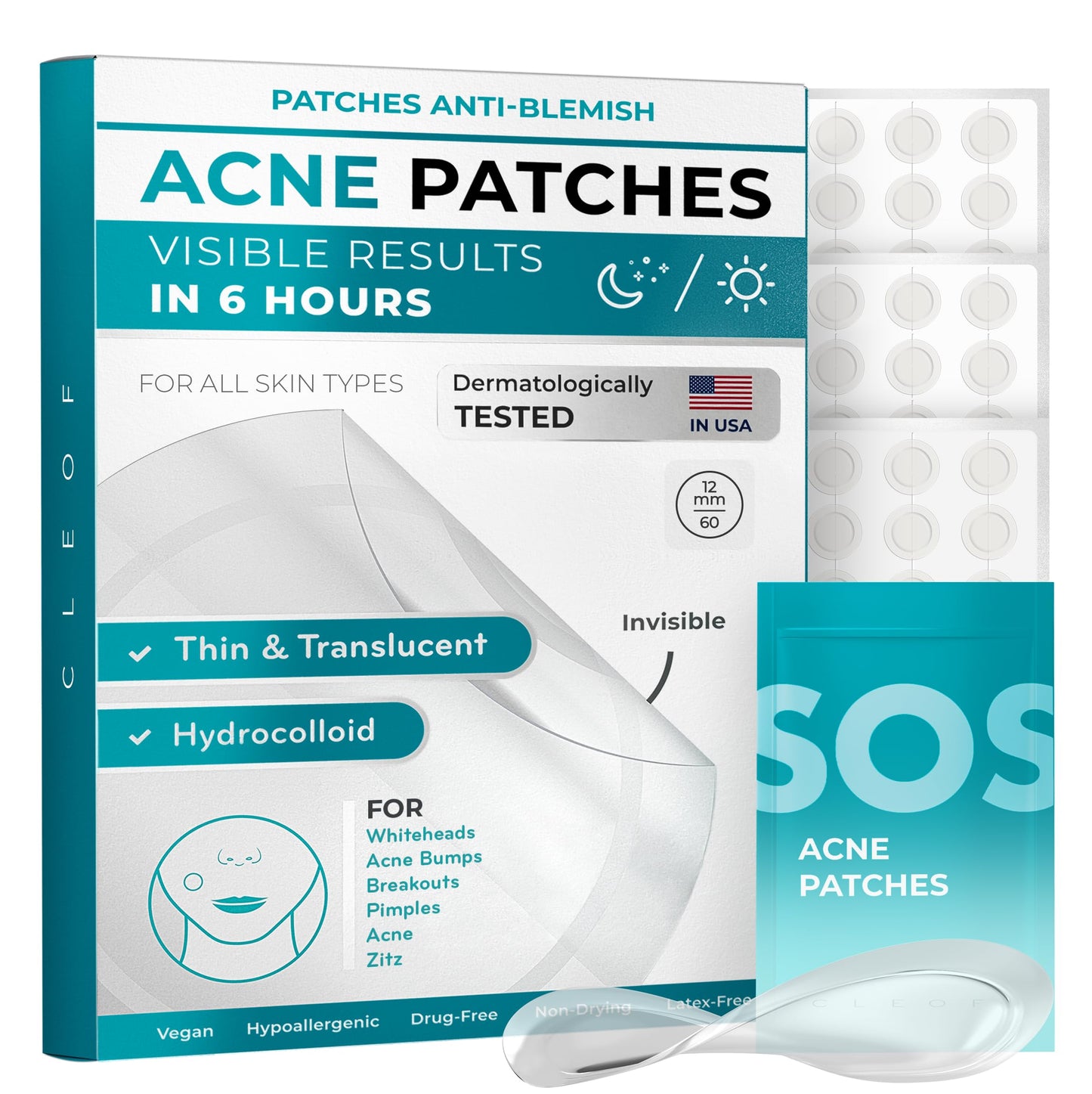 CLEOF Pimple Patches for Face & Body - Overnight Treatment - Acne Patch for Zits, Dots, Bumps, Spots, Pimples, Whiteheads - Hydrocolloid Stickers - Vegan, Cruelty-Free, Hypoallergenic (12mm)