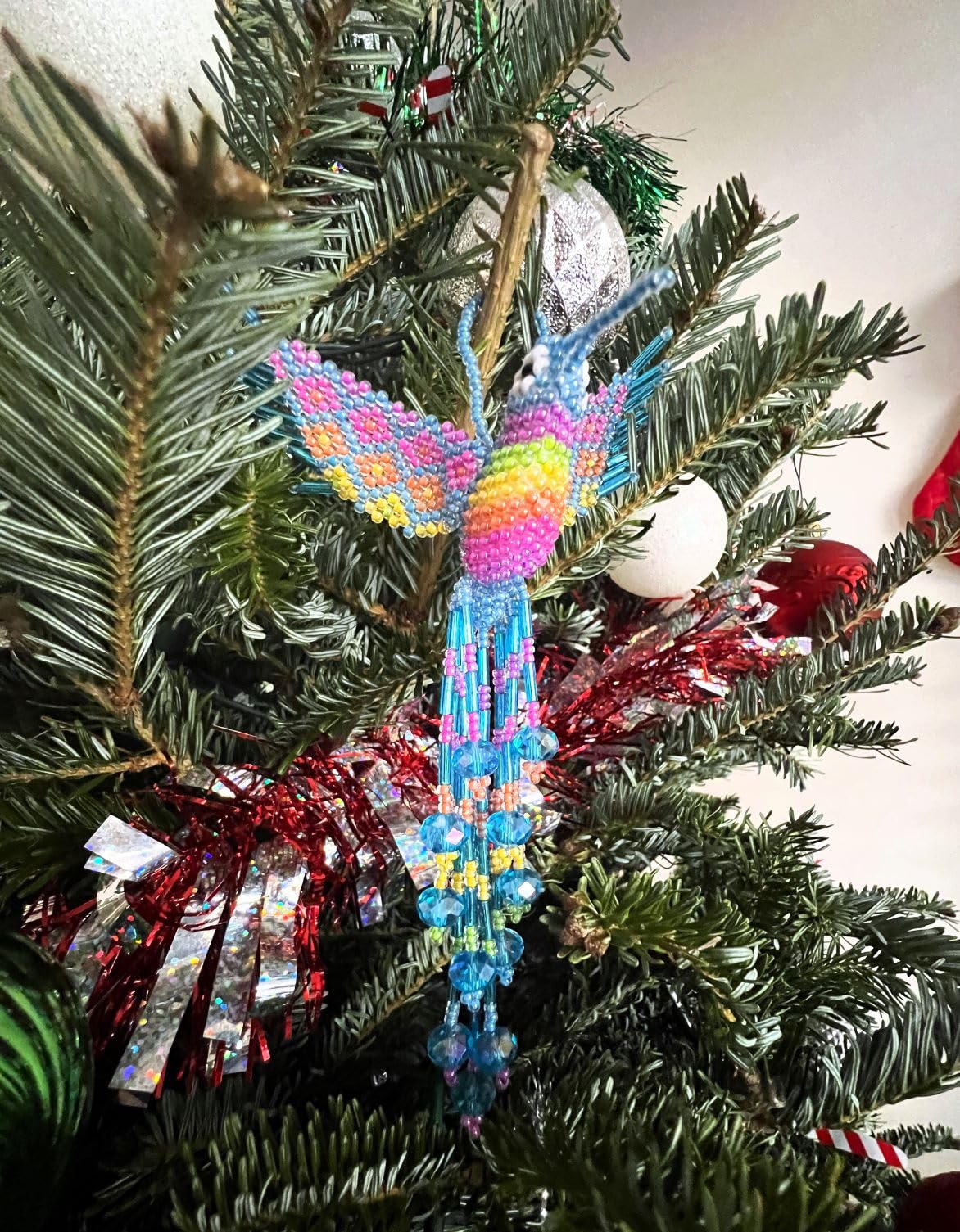 Hummingbird Hanging Figurine Ornament Czech Glass Seed Bead Fringe Tail Dangles - Handmade Gifts Spirit Animal Boho Accessories (Turquoise/Rainbow)