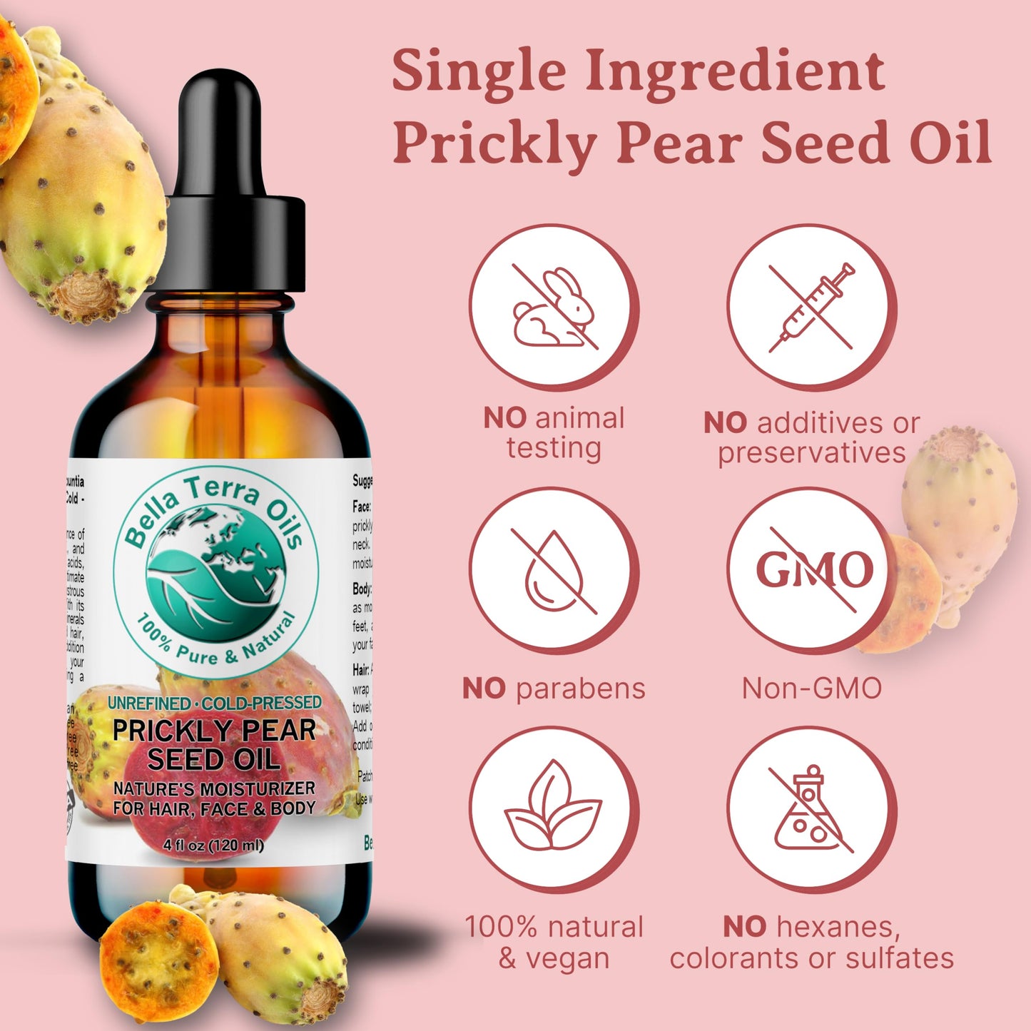 Bella Terra Oils - Prickly Pear Seed Oil 2 oz - Cold-Pressed Excellence, Packed with Vitamin E, Linoleic Acid, and Betalains, A Luxurious Touch for the Face