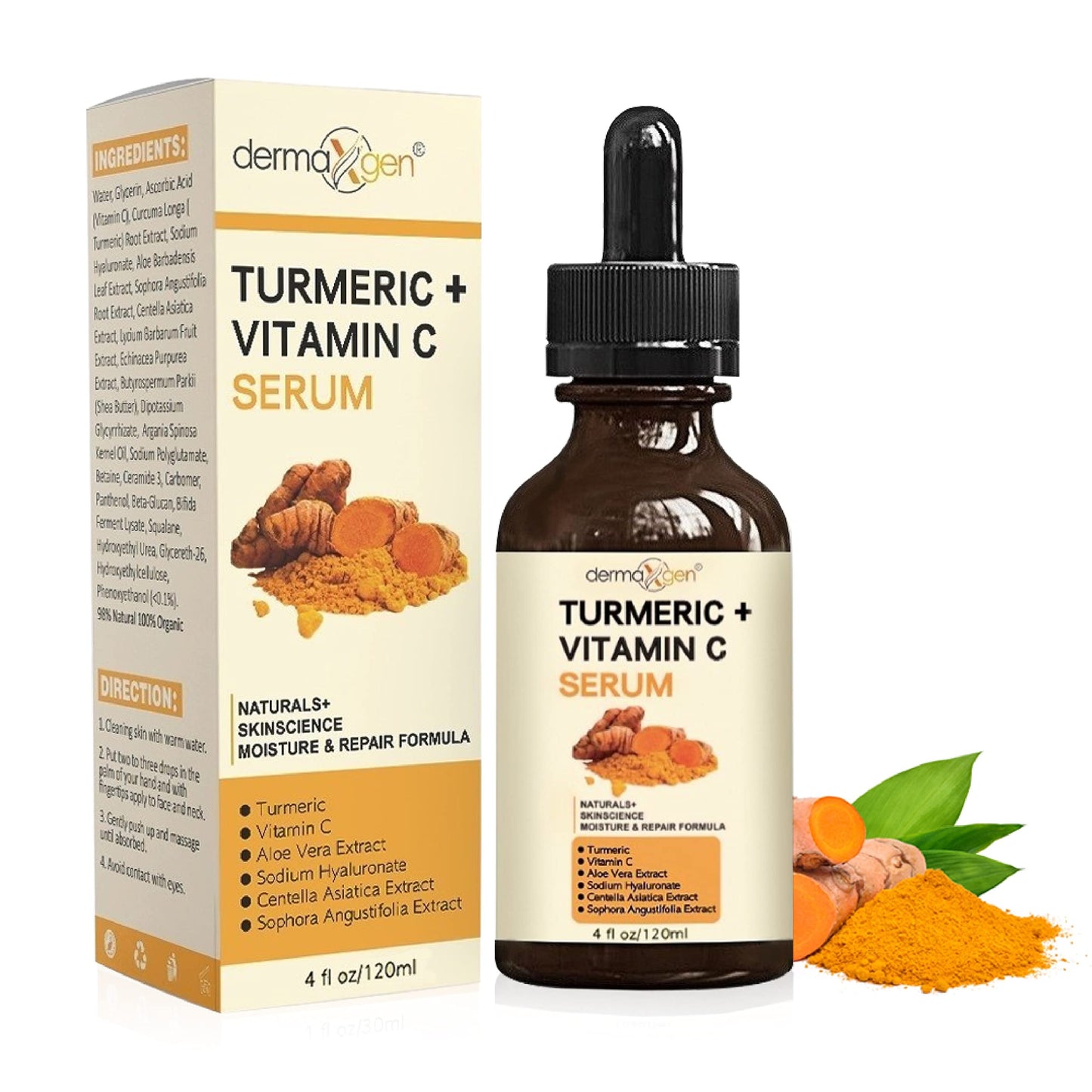 DERMAXGEN Turmeric Face Serum + Vitamin C: Organic Moisturizer for Acne Reduction, Clear Skin Tone, & Anti-Aging Benefits - Hydrate Dull & Dry Skin - Facial Serum - 4 FL OZ