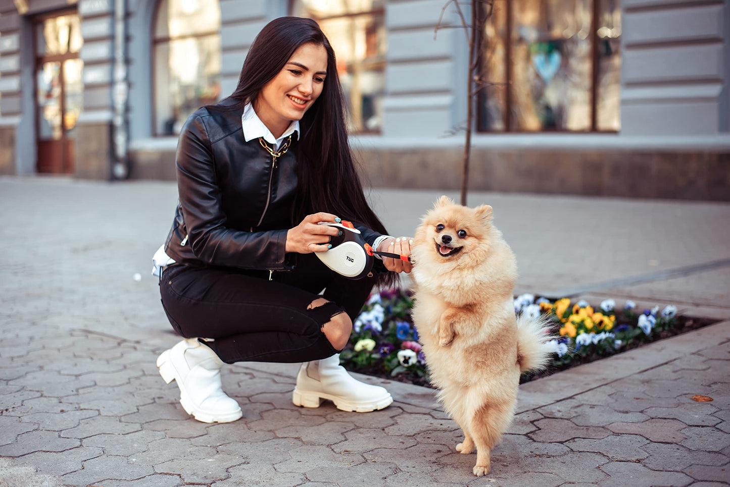 TUG 360° Tangle-Free Retractable Dog Leash with Anti-Slip Handle | 16 ft Strong Nylon Tape | One-Handed Brake, Pause, Lock (Small, White/Orange)