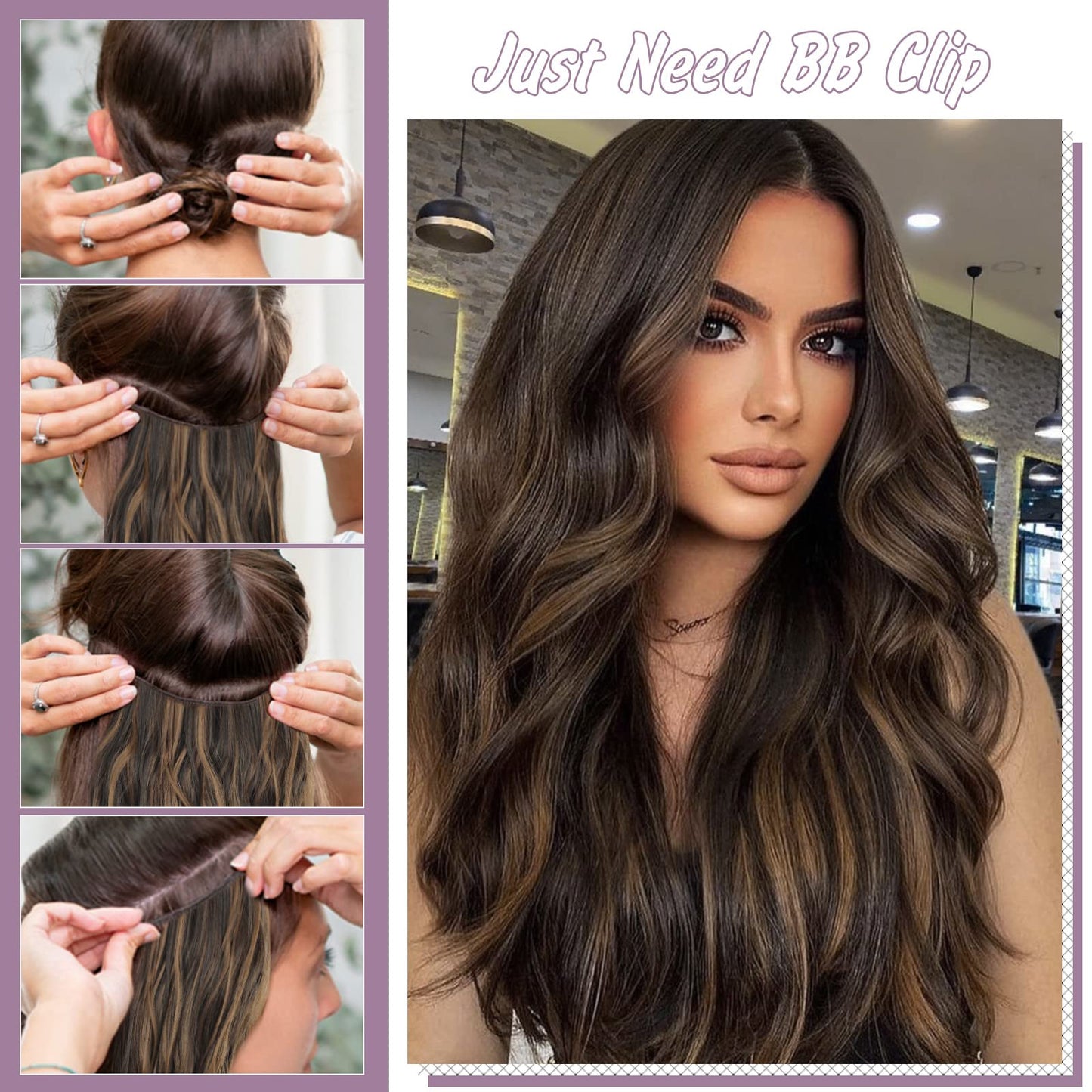 Fashion Line Clip in Hair Extensions for Women 6PCS Thick Full Head Natural Wavy Clip in Extensions Balayage Dark Brown to Chestnut Synthetic Long Double Weft Hair Hairpieces 20 inch