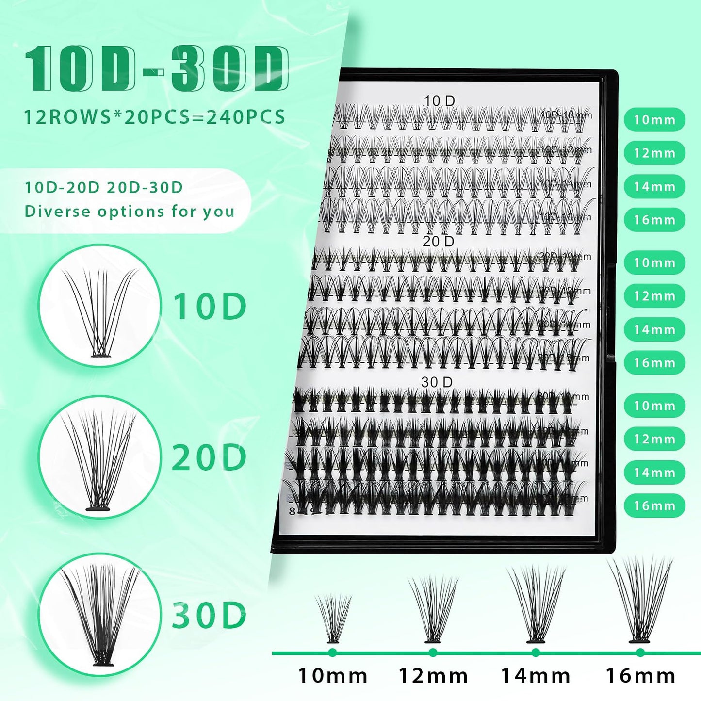 Bodermincer Lash Extension 240pcs C Curl 10D/20D Cluster Mixed, 8/9/10/11/12mm,10/11/12/13/14mm,12/13/14/15/16mm Mixed 8-10-12-14-16mm MIX Individual Cluster Lashes (50D-D Curl-9mm)