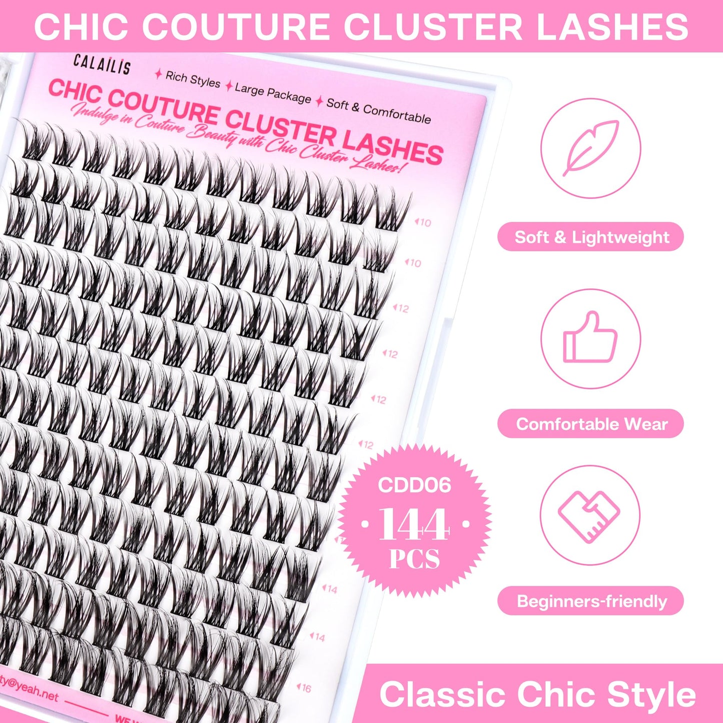 CALAILIS Lash Clusters DIY Cluster Eyelash Extensions 144pcs Natural Cluster Lashes Mega Volume Individual Lashes Reusable Wispy Eyelash Clusters (CDD06,D-10-16MIX)