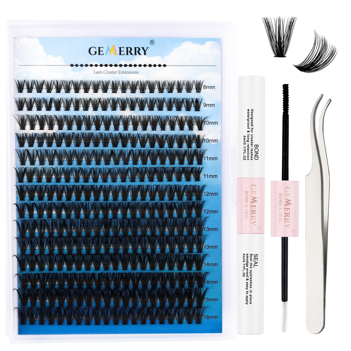 DIY Eyelash Extension Kit GEMERRY Lash Extension Kit Lash Clusters Kit with Lash Clusters 40P C 8-16mm Lash Bond and Seal and Lash Tweezers for Self Use at Home Cluster Eyelash Extension Kit