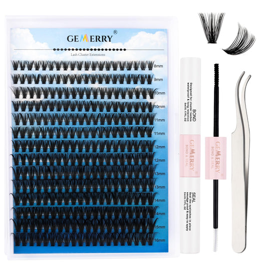 DIY Eyelash Extension Kit GEMERRY Lash Extension Kit Lash Clusters Kit with Lash Clusters 40P C 8-16mm Lash Bond and Seal and Lash Tweezers for Self Use at Home Cluster Eyelash Extension Kit