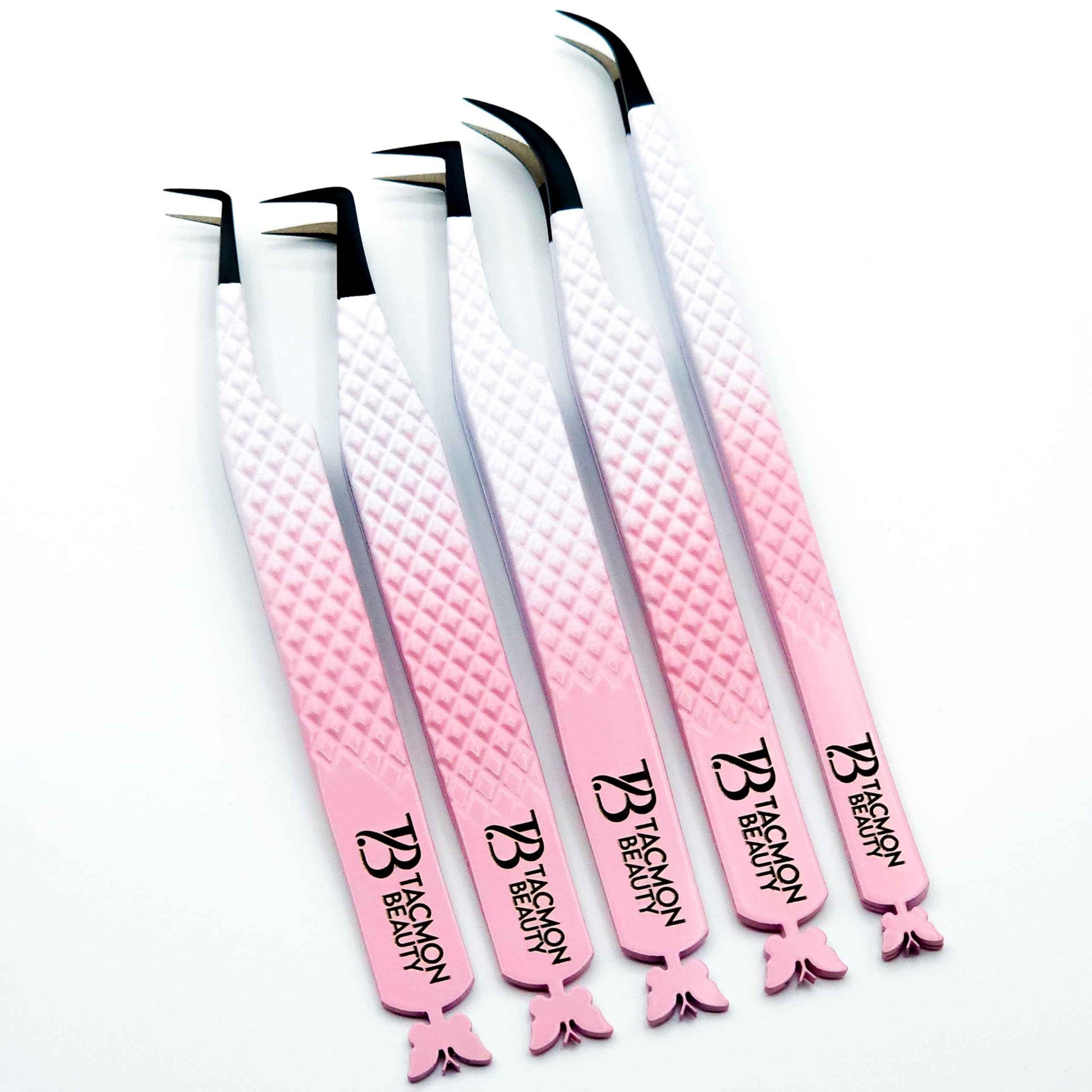 Fiber Tip Eyelash Tweezers Butterfly White to Pink Ombré set of 5
