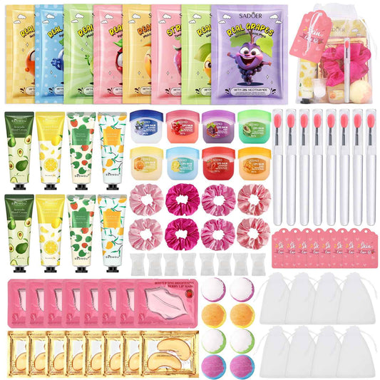 Jutqut 88PCS SPA Party Supplies for Girls, Under Eye Patches, Facial Masks, Lip Mask & Balm, Hand Cream, Foot Bath Bombs, Compressed Towel, Hair Band, Bulk Birthday & Sleepover Party Kit