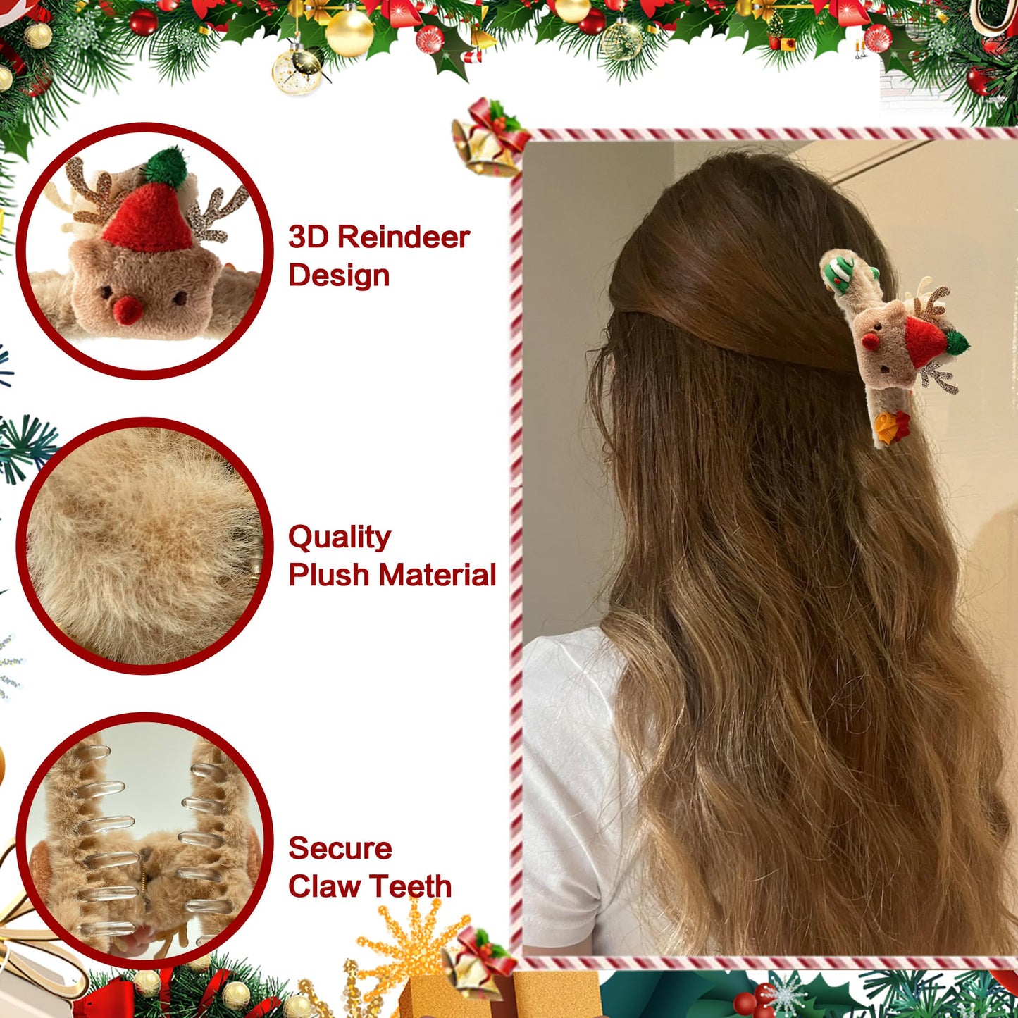 Christmas Hair Claw Clip - Beleki Plush Reindeer Antler Hair Claw ELK Hair Claw Clip for Thick Thin Hair Christmas Hair Accessories for Women and Girls Gifts, 1 Pack