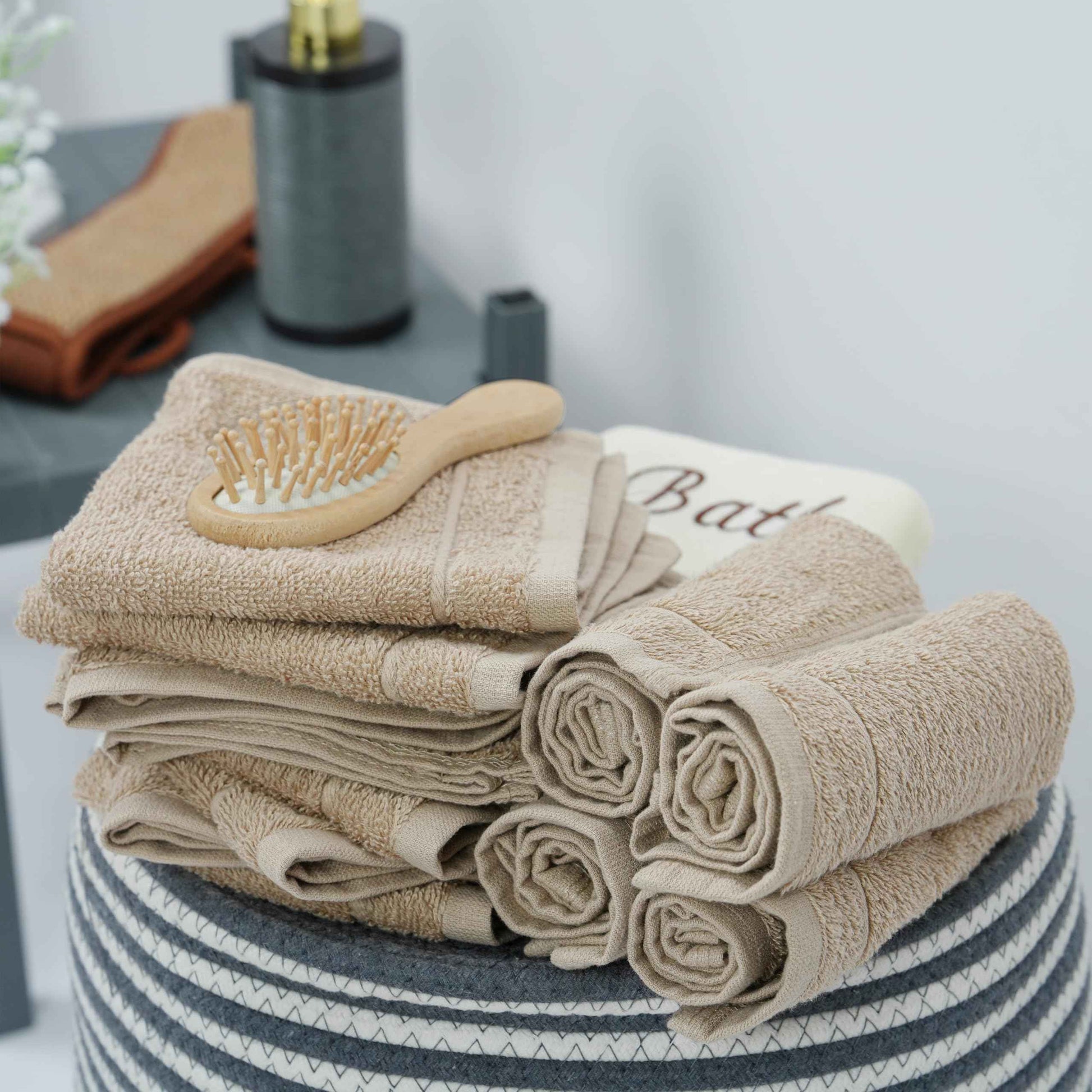 Tens Towels Pack of 12 Washcloths, 12 x 12 Inches, Lighter Weight, Quick to Dry, Super Soft & Absorbent, Gentle Face Towels, Hotel Quality, Perfect for Bathroom, Gym, Spa (Beige, 12 Pack)