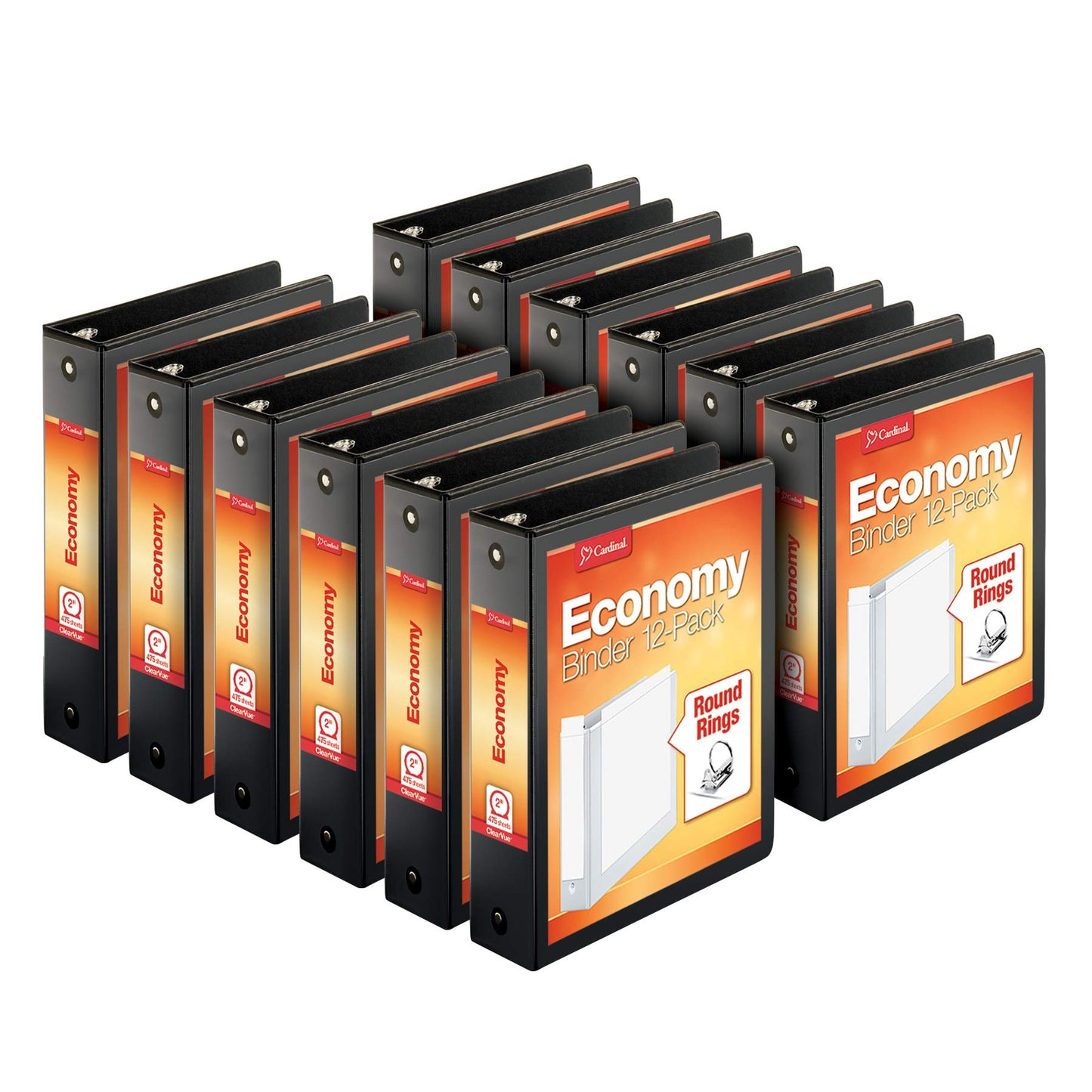 Cardinal Economy 3-Ring Binders, 2'', Round Rings, Holds 475 Sheets, Black, Carton of 12 (90640) & Economy 3 Ring Binder, 2 Inch, Black, Holds 475 Sheets, Nonstick,4 Pack of Binders (79522)