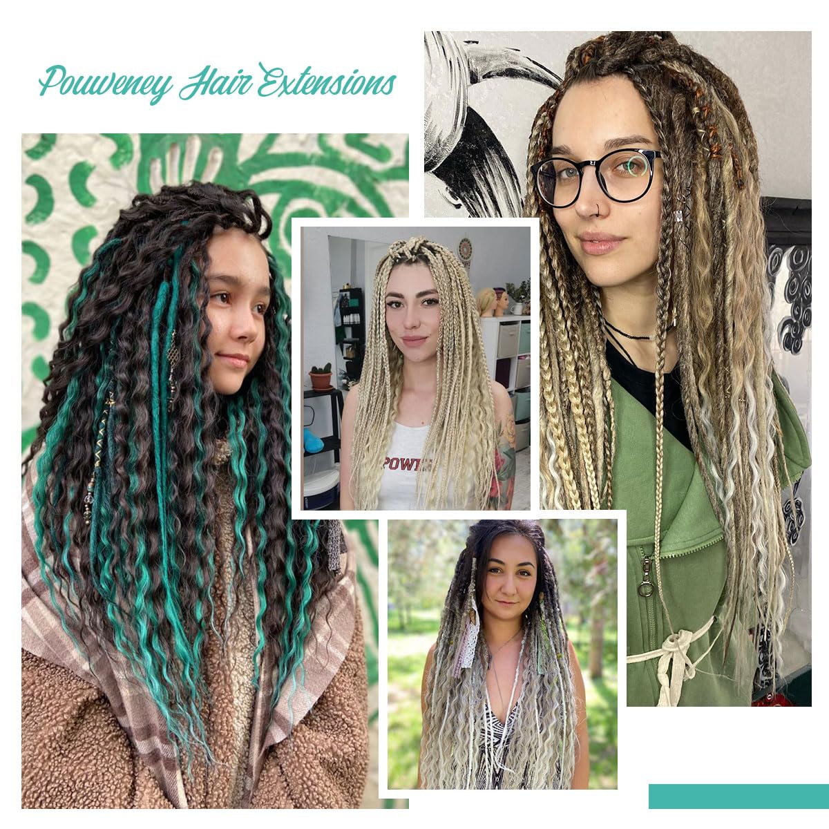 Pouweney 24 Inch 3 In 1 Dreadlock Extensions Sets, 30 Strands Mixed Ombre Brown Synthetic SE Dreads Extensions, 100% Handmade Soft Single Ended Curly Boho Wavy Dreads for Girls