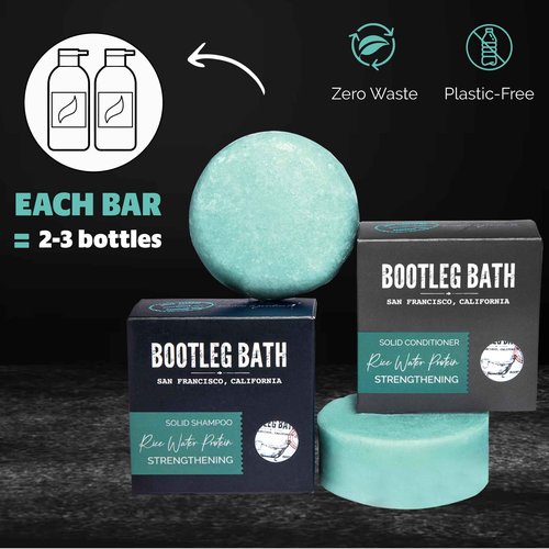 BOOTLEG BATH Strengthening Shampoo and Conditioner Bar Set with Rice Water Protein and Argan Oil, Vegan, Sulfate-Free, Phthalate-Free, Paraben-Free, Eco Friendly, 2.2 oz bars