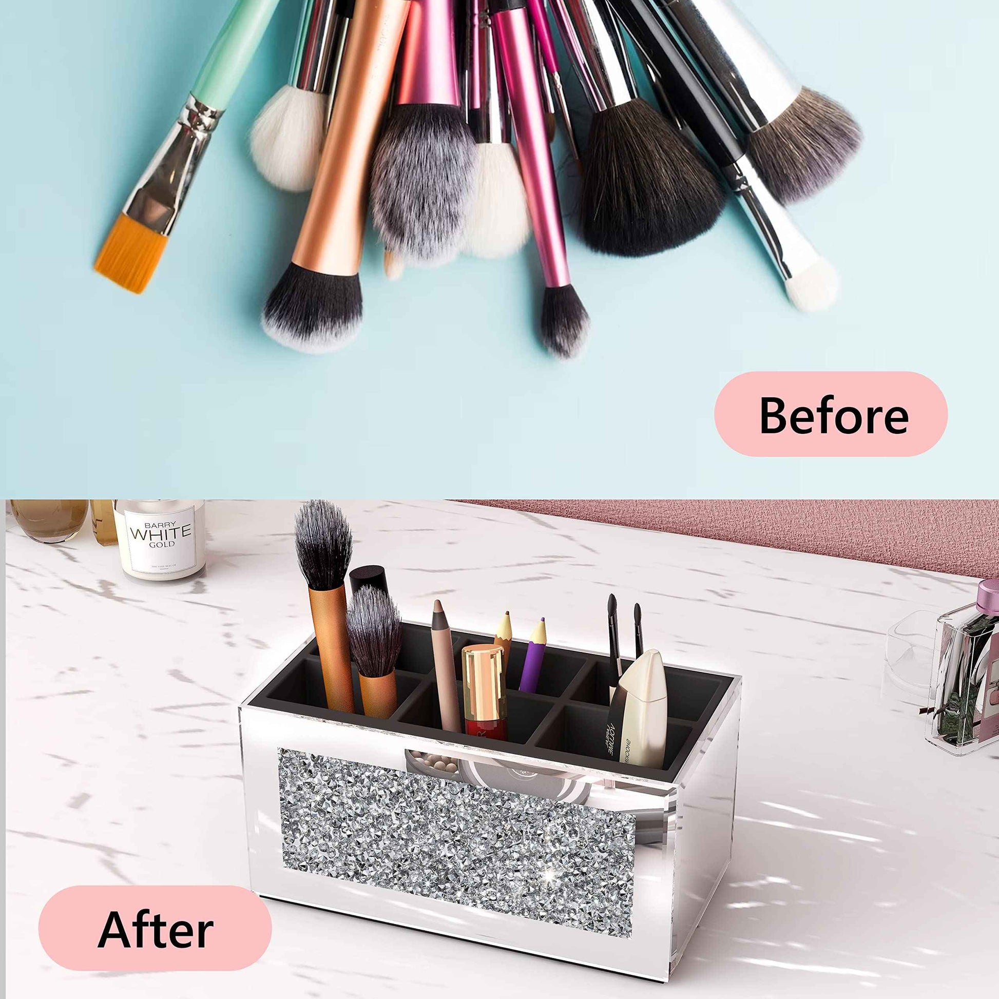 SHYFOY Makeup Brush Holder Organizer with Crushed Diamond 6 Slot Mirrored Make up Cosmetics Organizers and Storage for Vanity Countertop