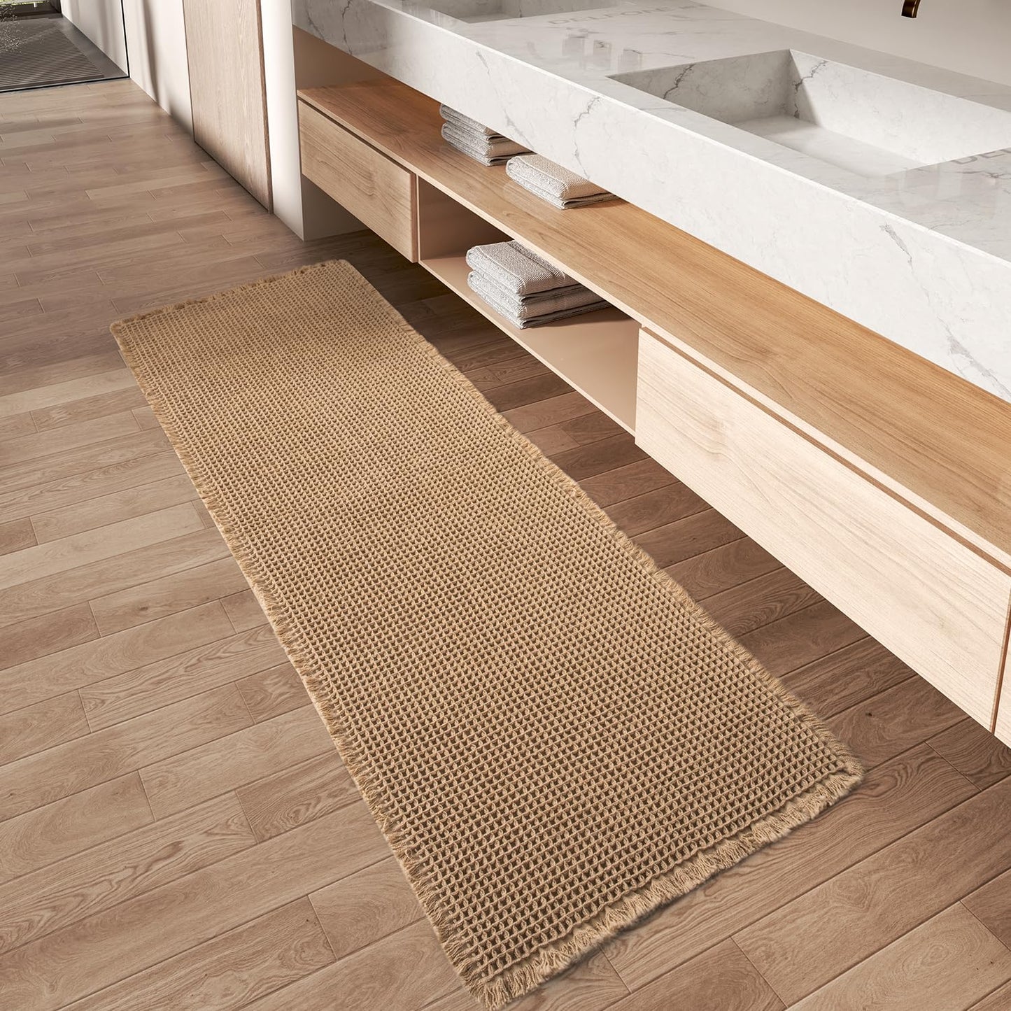 Upgraded Waffle Runner Rug Super Absorbent Non Slip Bath Mats for Bathroom Floor, Machine Washable Bathroom Runner Rug with Tassels, Ideal for Hallway Bedroom Laundry Room, Brown, 2'x 4'(24" x 48")