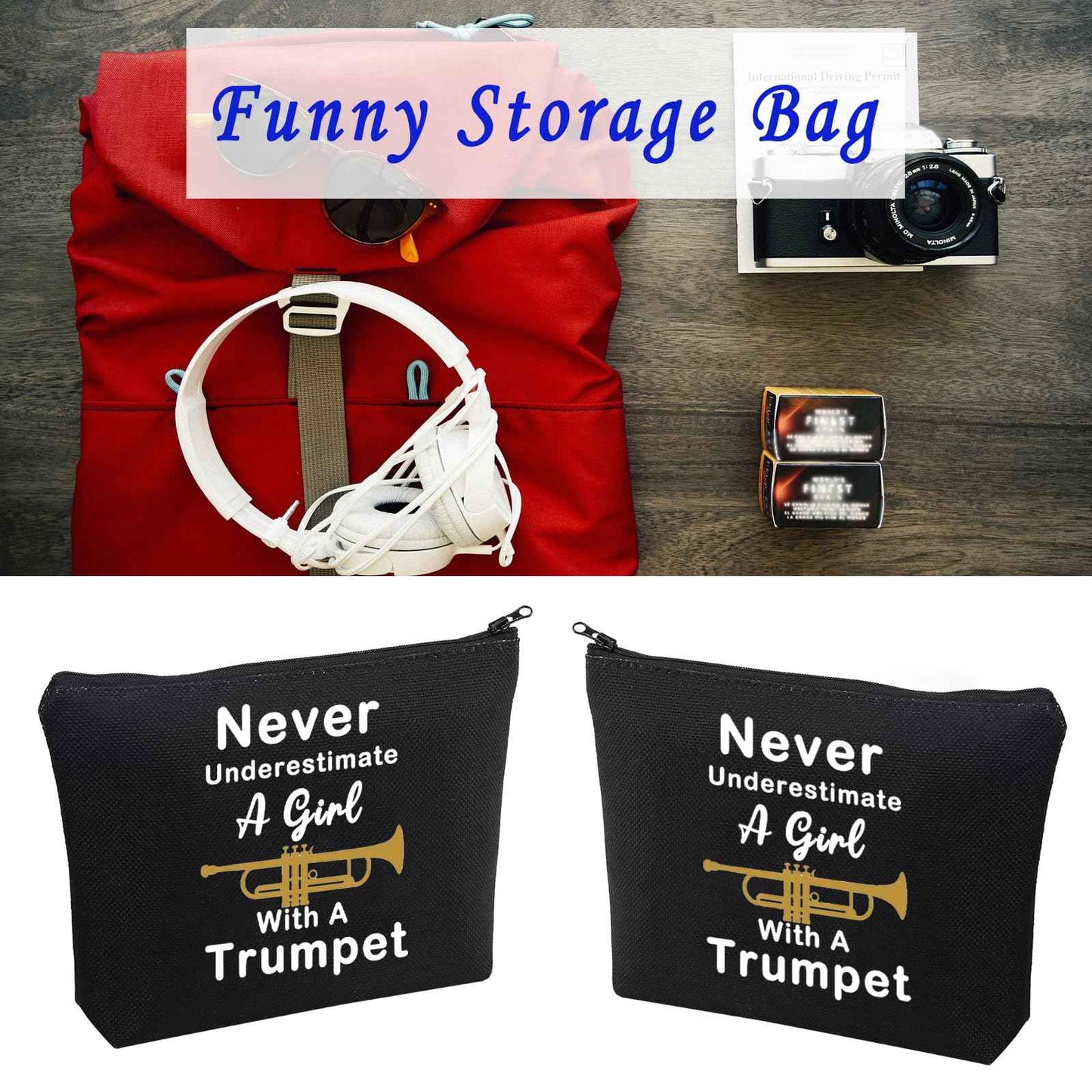 LELVO Funny Trumpet Gift Never Underestimate A Girl With A Trumpet Makeup Bags Trumpet Lovers Zipper Pouch (Girl With A Trumpet+black)