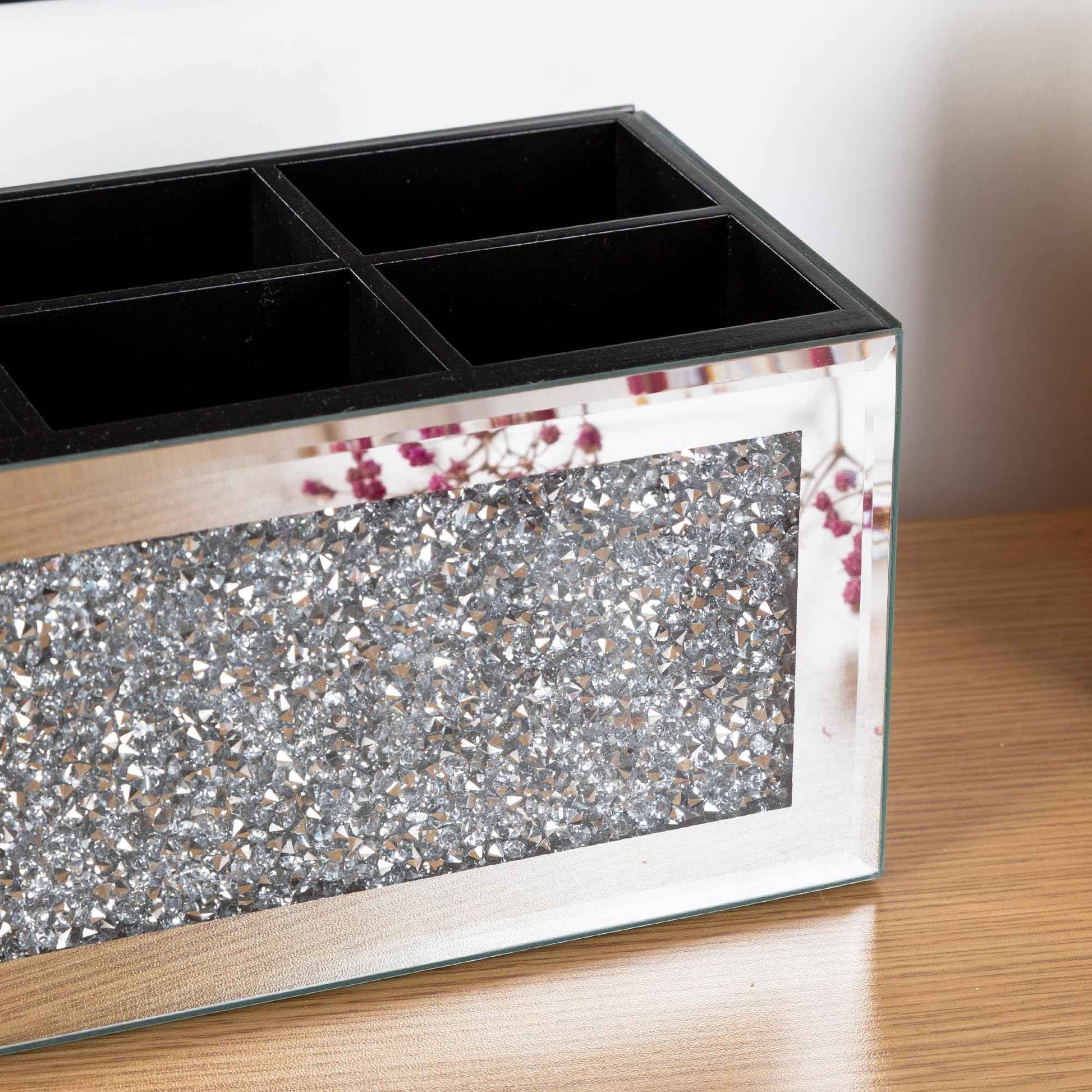 SHYFOY Makeup Brush Holder Organizer with Crushed Diamond 6 Slot Mirrored Make up Cosmetics Organizers and Storage for Vanity Countertop